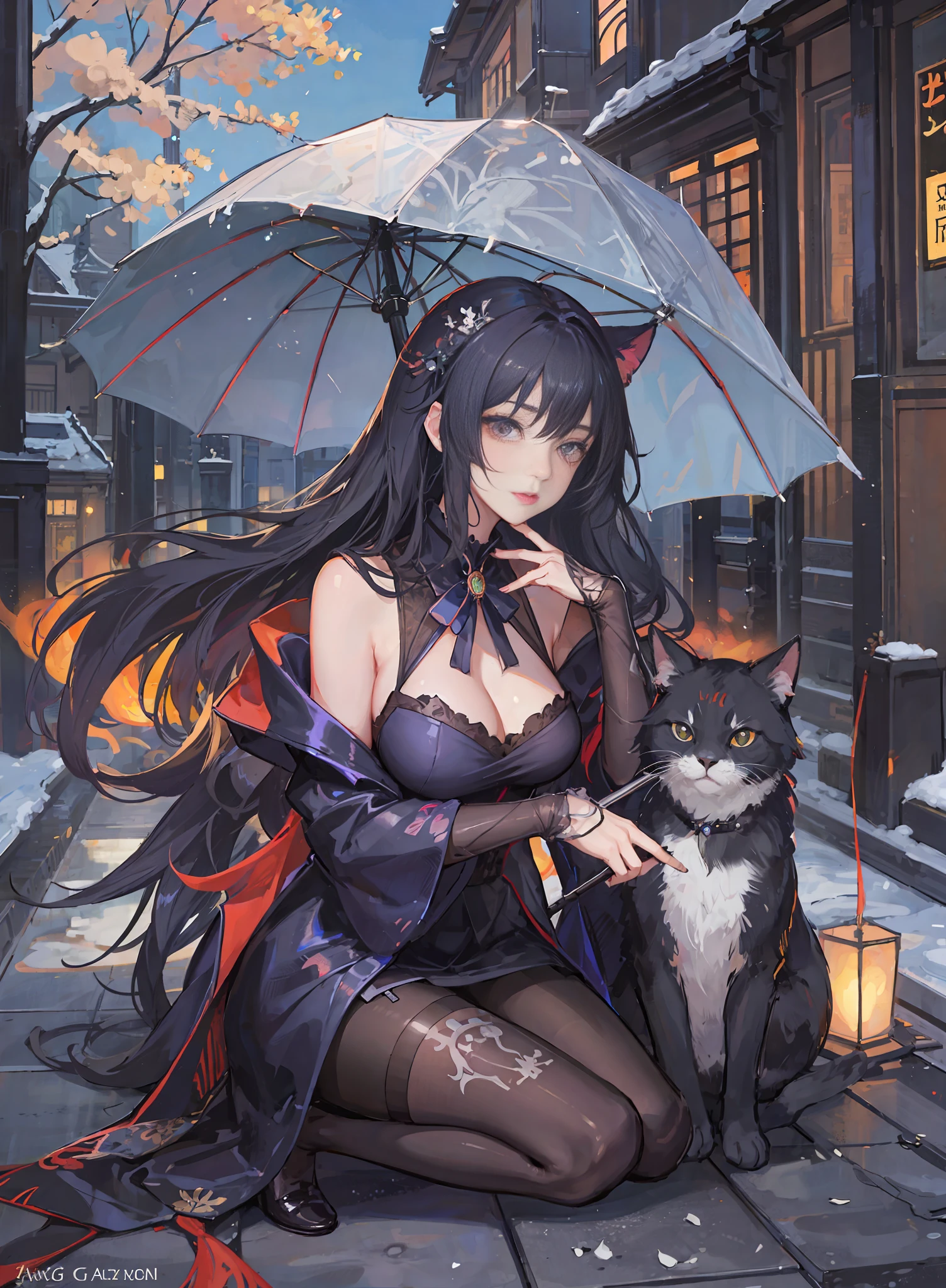 there are two pictures of a woman with an umbrella and a cat, artwork in the style of guweiz, guweiz, beautiful character painting, guweiz on artstation pixiv, guweiz on pixiv artstation, stunning anime face portrait, beautiful digital artwork, wlop rossdraws, detailed digital anime art, guweiz masterpiece