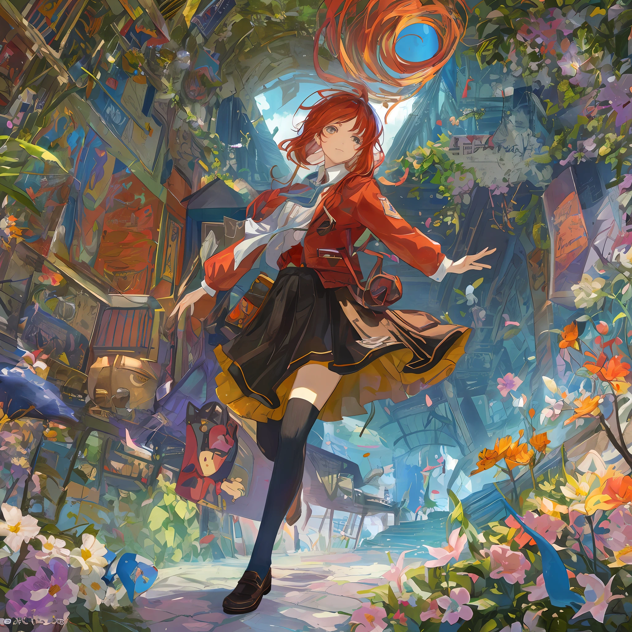 In a modern setting, a vibrant red-haired girl stands confidently, dressed in a stylish school uniform. In her hands, she holds an intriguing book and a magical pen that radiates an otherworldly glow. As she gazes intently at the book's pages, her imagination begins to manifest in the real world around her. In the bustling school hallway, colorful flowers bloom and float gently in the air, while fantastical creatures playfully interact with students passing by. The mundane school environment is transformed into a whimsical wonderland as her imagination takes hold. However, as the line between her imagination and reality blurs, she must navigate the consequences of her newfound power. With her vibrant red hair flowing and determination in her eyes, she embarks on a journey of self-discovery, balancing the enchantment of her imagination with the challenges of everyday life