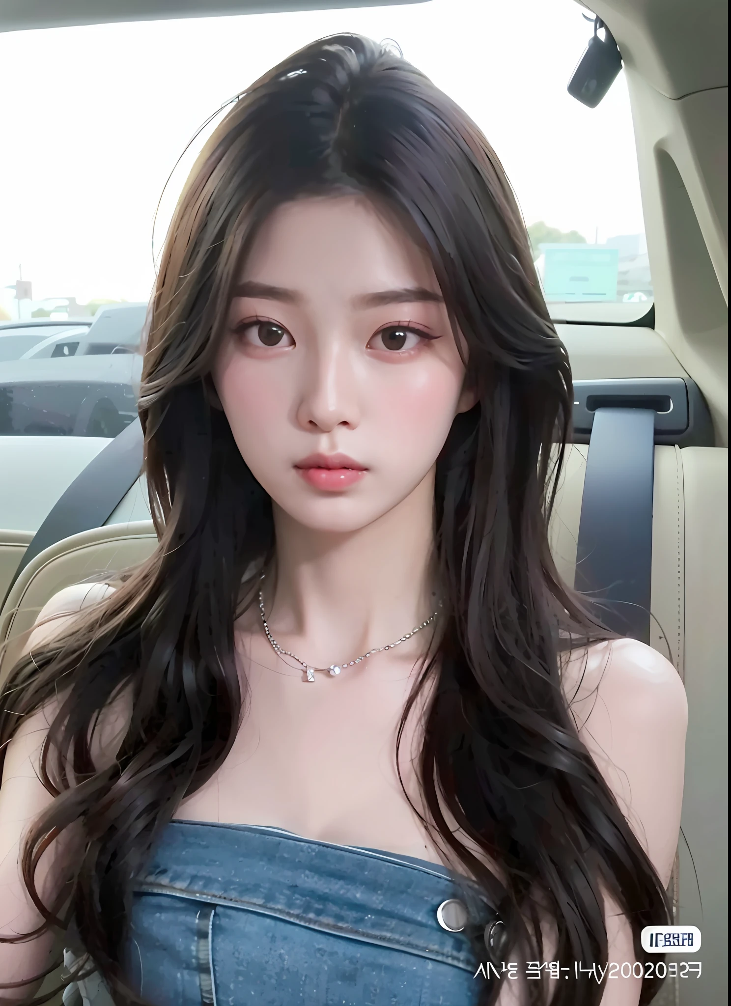 a close up of a woman in a car with a necklace on, gorgeous young korean woman, beautiful south korean woman, ulzzang, beautiful young korean woman, asian girl with long hair, young adorable korean face, with long hair and piercing eyes, korean girl, 19-year-old girl, girl cute-fine-face, popular south korean makeup
