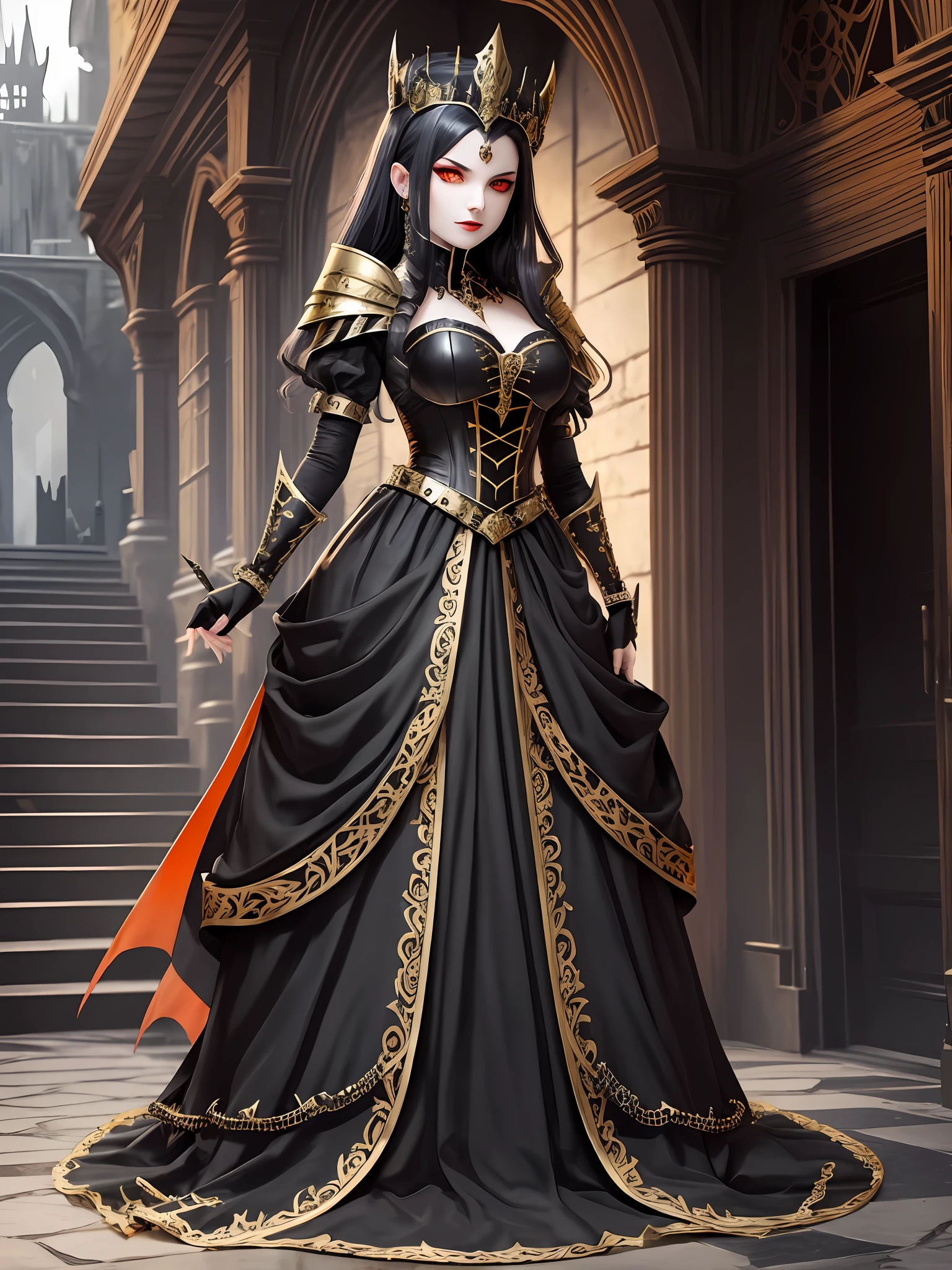 Vampire queen, exposed fangs, blood, black and gold outfit, gothic dress, armored boots, gauntlets, village, orange eyes, full body, gothic crown