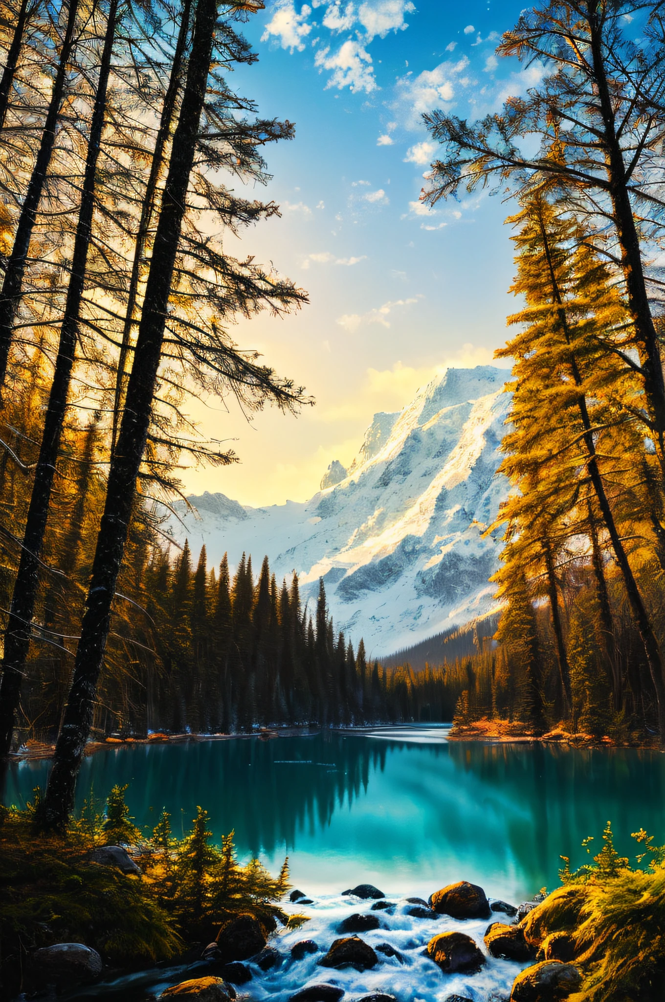Distant snowy mountain, forest, lakeside, waterfall, sunshine, mysterious, enchanting, art station, oil painting, bokeh, depth of field, HDR, chromatic aberration, photorealistic