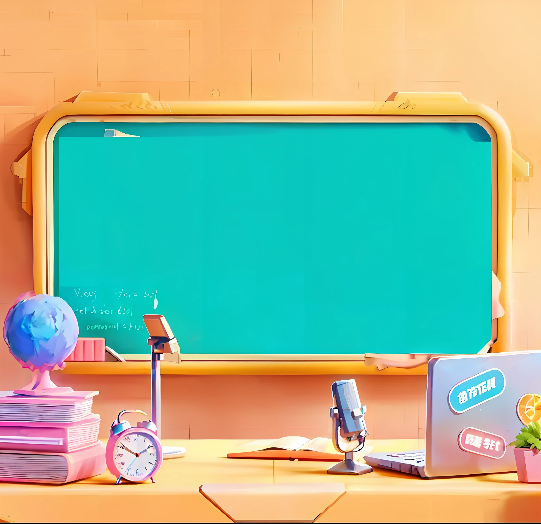 there is a desk with a chalkboard, a clock, a laptop, and a clock, classroom background, detailed school background, highschool background, personal room background, random background scene, background art, background artwork, workshop background, basic background, bright uniform background, classroom, school classroom, animation illustrative style, 3 d stylize scene, uniform background, school class