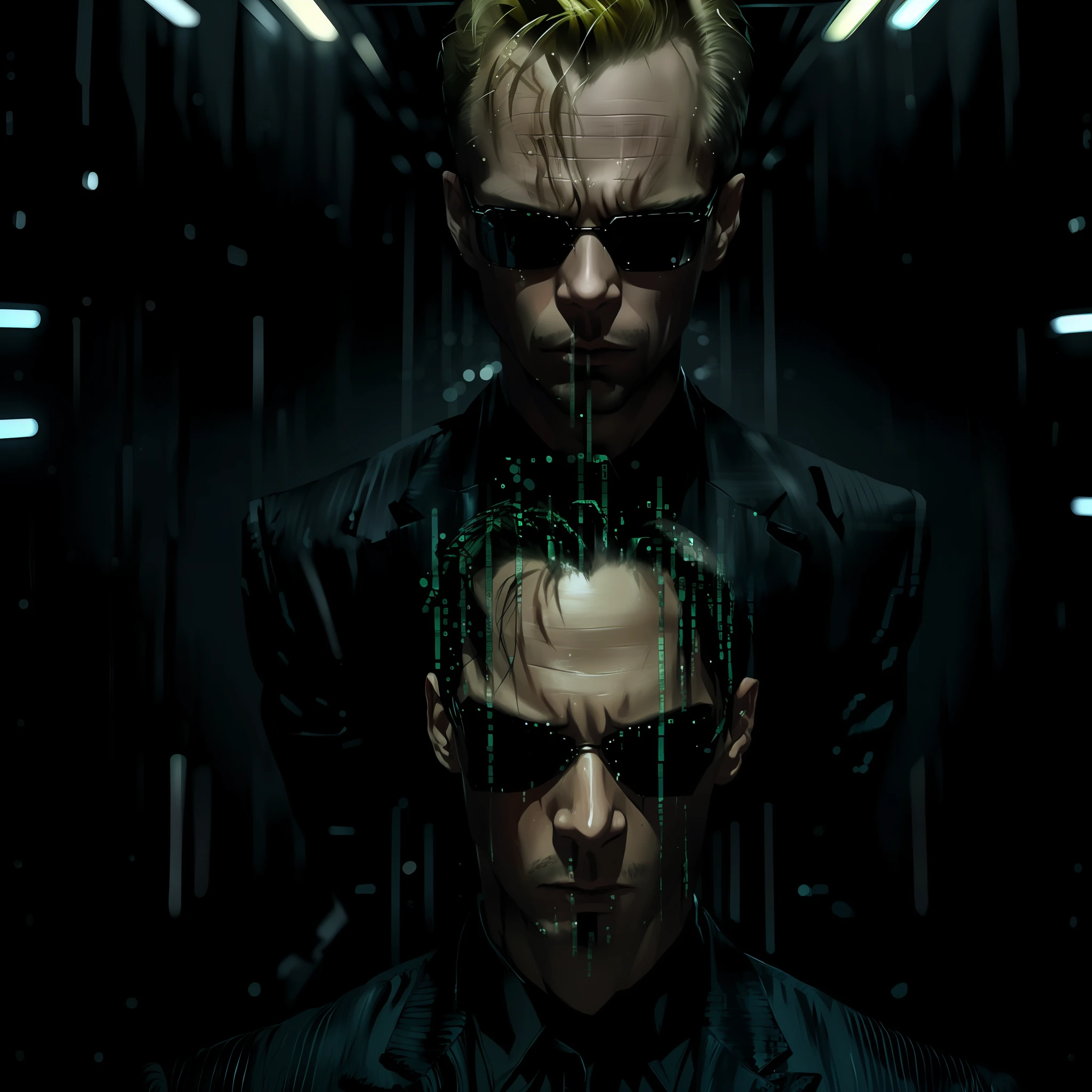 ((best quality)), ((masterpiece)), (detailed) fan art of (neo from the matix) face, ((neo from matrix face)), keanu reaves, the matrix (1999), sunglasses, night, 80mm, ((western animation)), (neo the matrix (1999)), (short hair), (tokyo street nights), ((shaved))