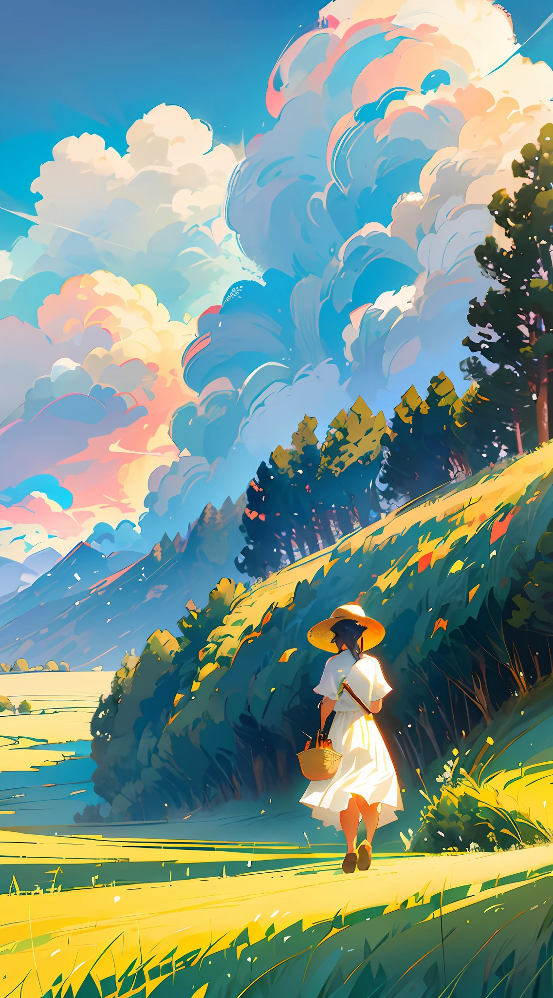 An old farmer in a straw hat, walking on the winding path of the countryside, big clouds, blue sky, rice fields, neat rice seedlings in the fields, forest, hillside, secluded, countryside, HD detail, hyper-detail, cinematic, surrealism, soft light, deep field focus bokeh, ray tracing and surrealism. uninhabited --v6