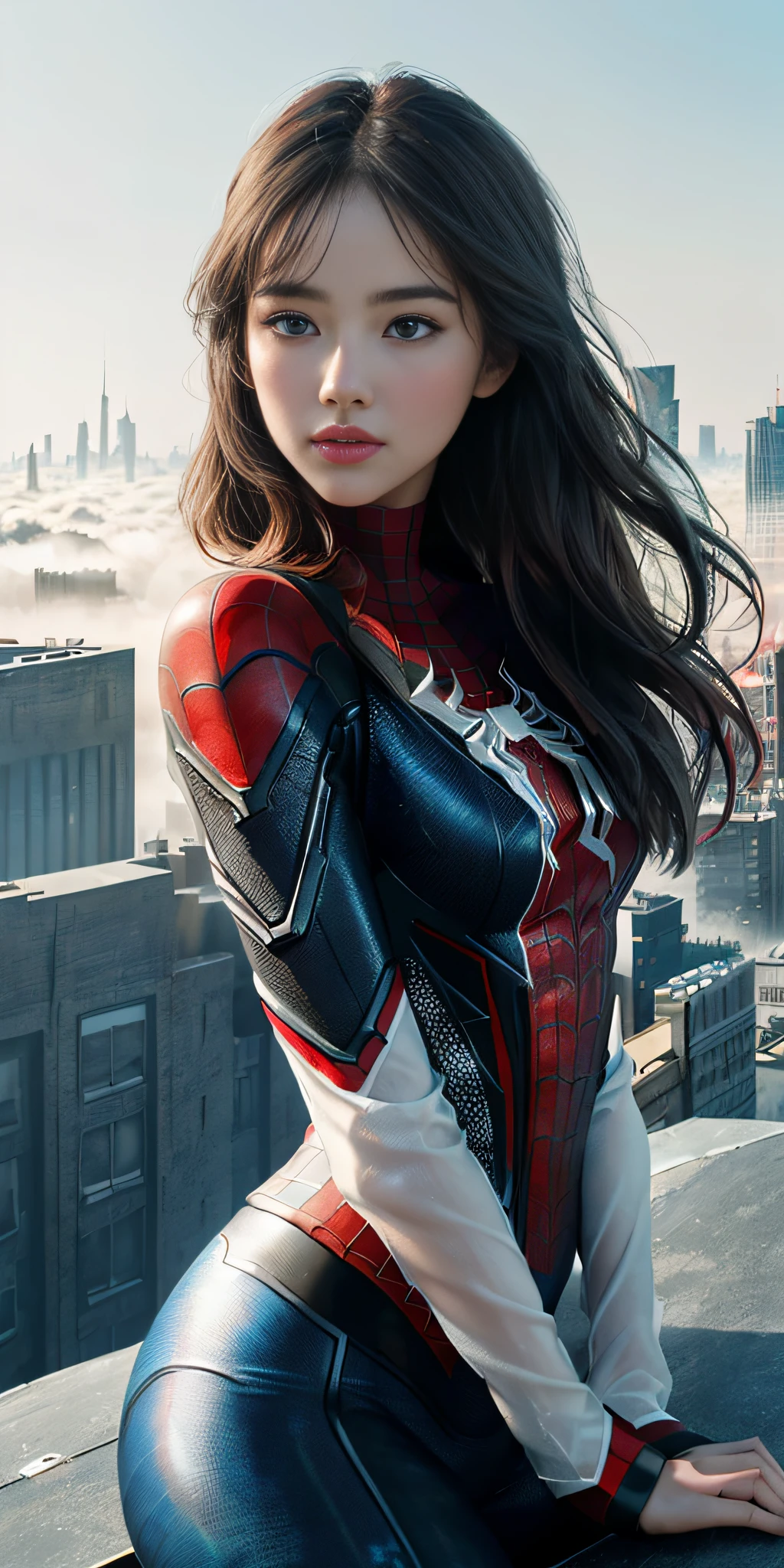 (1girl:1.3), Solo, (((Very detailed face)))), ((Very detailed eyes and face)))), Beautiful detail eyes, Body parts__, Official art, Unified 8k wallpaper, Super detailed, beautiful and beautiful, beautiful, masterpiece, best quality, original, masterpiece, super fine photo, best quality, super high resolution, realistic realism, sunlight, full body portrait, amazing beauty, dynamic pose, delicate face, vibrant eyes, (from the front), She wears Spider-Man suit, red and black color scheme, spider, very detailed city roof background, rooftop, overlooking the city, detailed face, detailed complex busy background, messy, gorgeous, milky white, highly detailed skin, realistic skin details, visible pores, clear focus, volumetric fog, 8k uhd, DSLR, high quality, film grain, fair skin, photo realism, lomography, futuristic dystopian megalopolis, translucent