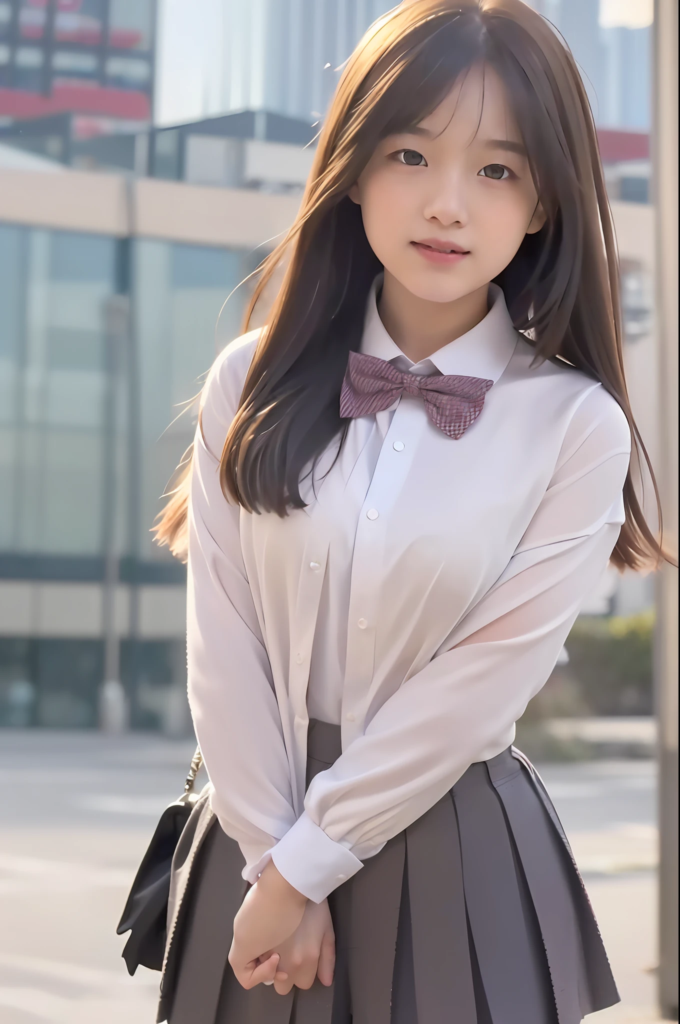 (8k, RAW photo, best quality, mastery:1.2),(realistic, photo-realistic:1.37), (best quality)), ultra-high resolution, extremely detailed CG unity 8k wallpaper, physically based rendering, cinematic lighting, full body, (Bokeh: 1.4), (((1girl))), (oval face), near face, (school uniform), jk, (student uniform), bow tie, shirt, full body