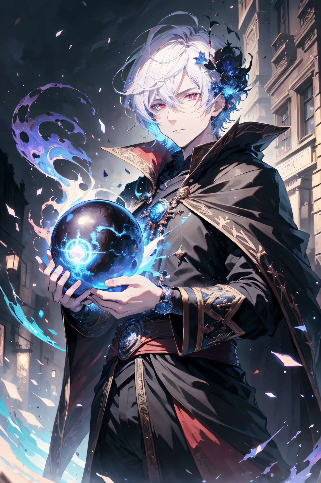 (absurdres, highres, ultra detailed), masterpiece, best quality, a man in a black outfit and red cape, holding a blue sphere, a sphere surrounded by blue flame, official character art, short hair, white hair, vibrant red eye, finely eye, detailed face, detailed hair, ruined city, dark background, spark, vortex, swirl, celestial, from below, look down, cowboy shot,