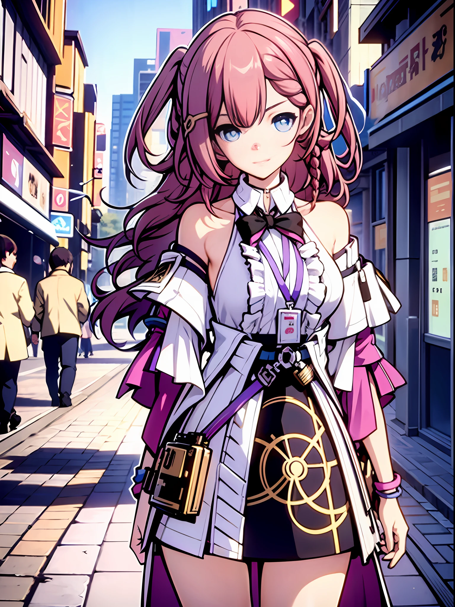 (illustration style, exquisite masterpiece, best picture quality), an anime girl with pink hair, fluttering clothes, exposed shoulders, leisurely dress, extremely attractive eyes and small, dynamic posture, bright tones, chaebol lady, background blur, harmonious picture color matching, cool colors, full details, clear face and hand details, delicate picture presentation, natural posture, city street photography, confident and generous, extraordinary temperament