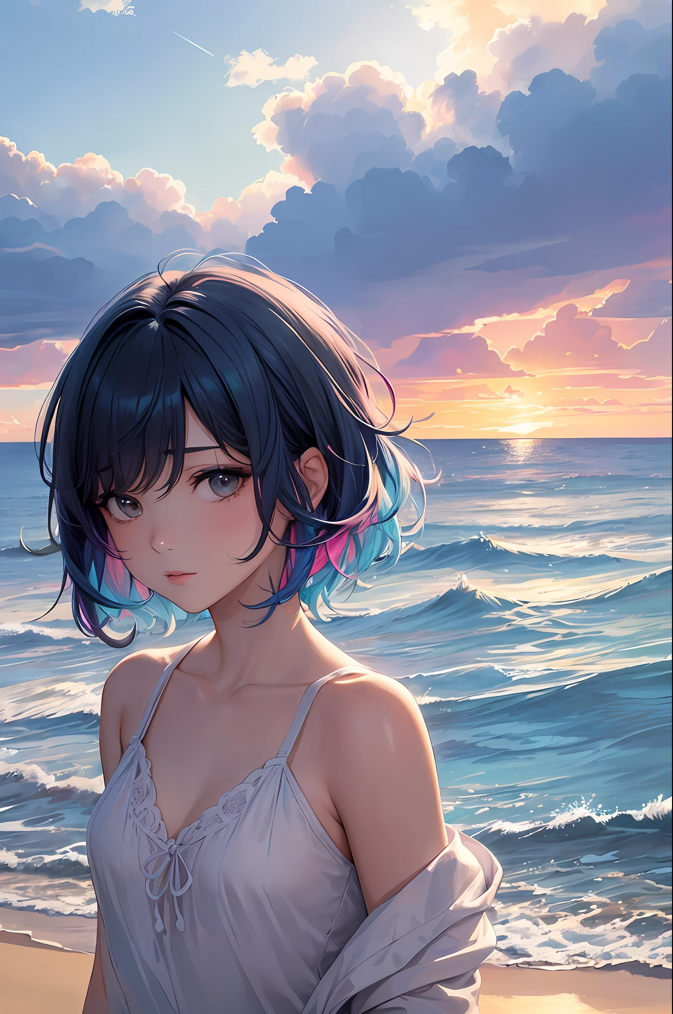 Short-haired, short-haired, short-haired, small breasts, small breasts, small buttocks, backlit, (masterpiece, highest quality, highest quality, watercolor (medium), official art, beautiful and aesthetic: 1.2), (1 girl), (fractal art: 1.3), upper body, from the side, looking at the viewer, pattern, (black hair, some iridescent hair at the bottom, half blue and half pink hair: 1.2), water, liquid, clouds, colorful, seaside, sunset, sunset