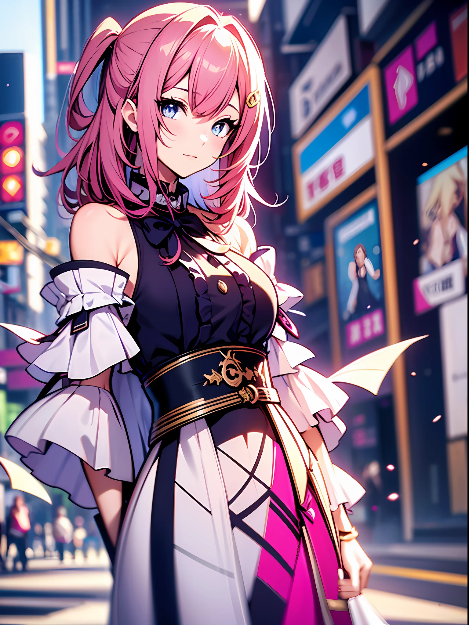 (illustration style, exquisite masterpiece, best picture quality), an anime girl with pink hair, fluttering clothes, exposed shoulders, leisurely dress, extremely attractive eyes and small, dynamic posture, bright tones, chaebol lady, background blur, harmonious picture color matching, cool colors, full of details, clear face and hand details, delicate picture presentation, natural posture, sideways gaze, sense of fate, city street photography, confident and generous, extraordinary temperament