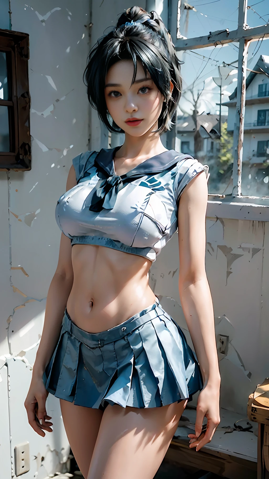Arafed asian woman in a blue skirt posing for a picture - SeaArt AI