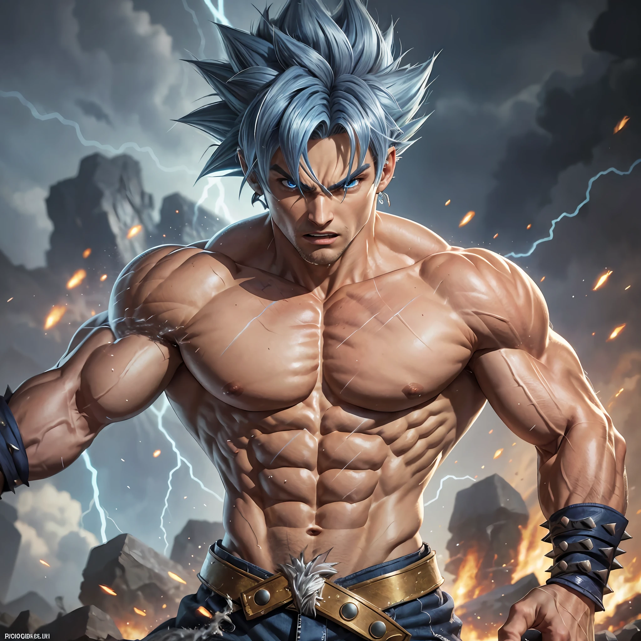 (masterpiece, best quality), intricate details, 8k, artstation, wallpaper, official art, splash art, storm in the background, sharp focus, 1boy, (photorealistic: 1.2) (bokeh) (best quality) (detailed skin: 1.3) (intricate details) (8k) (detailed eyes) (sharp focus) son goku, angry, battle damage, blue hair, blue band, clenched teeth, furious, blue eyes, male focus, muscular, muscular male, pectorals, band, solo, spiked hair, super saiyan, super saiyan 1, teeth, topless male, torn clothes, bracelet,(masterpiece, best quality), intricate details, 8k, artstation, wallpaper, official art, splash art, storm in the background, sharp focus, 1boy, (photorealistic: 1.2) (bokeh) (best quality) (detailed skin: 1.3) (intricate details) (8k) (detailed eyes) (sharp focus) son goku, angry, battle damage, blue hair, blue belt, clenched teeth, furious, blue eyes, male focus, muscular, muscular male, pectorals, sash, solo, spiked hair, super saiyan, super saiyan 1, teeth, topless male, torn clothes, bracelet, --auto --s2