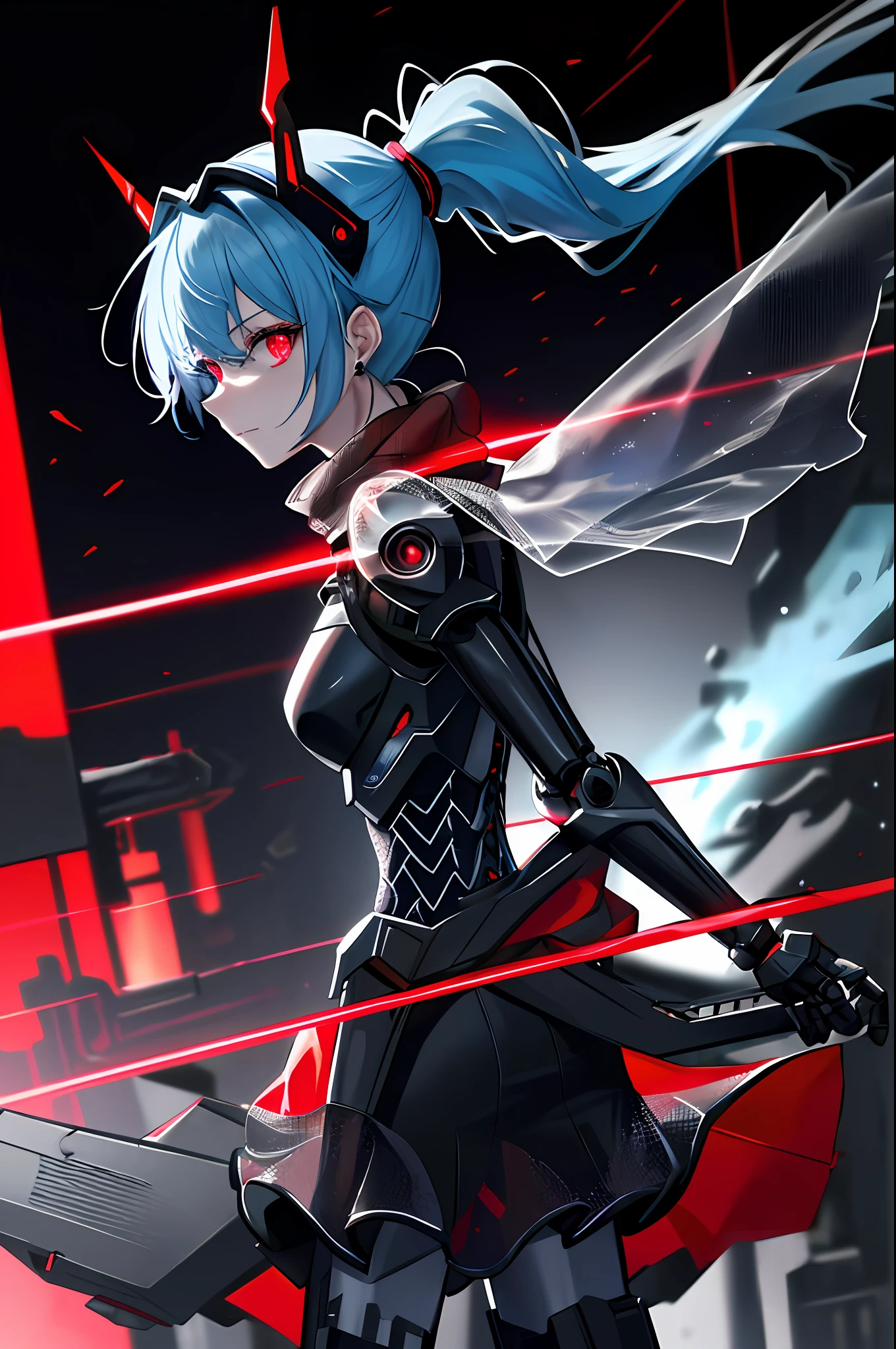 Absurd, very precise details, highly detailed 8K wallpaper, (transcendent beautiful girl: 1.5), break, light blue hair, ponytail, shoulder to back, from side, back focus, (exoskeleton spine:1.1), (mesh suit:1.4), (red glowing eyes: 1.1), break, (mechanical joints, mechanical limbs: 1.4), perfect five fingers, headgear, break, (dynamic angle: 1.5), red scarf wrapped around the neck , black miniskirt, battle scenes, holding knives, cyberpunk, devastated world,