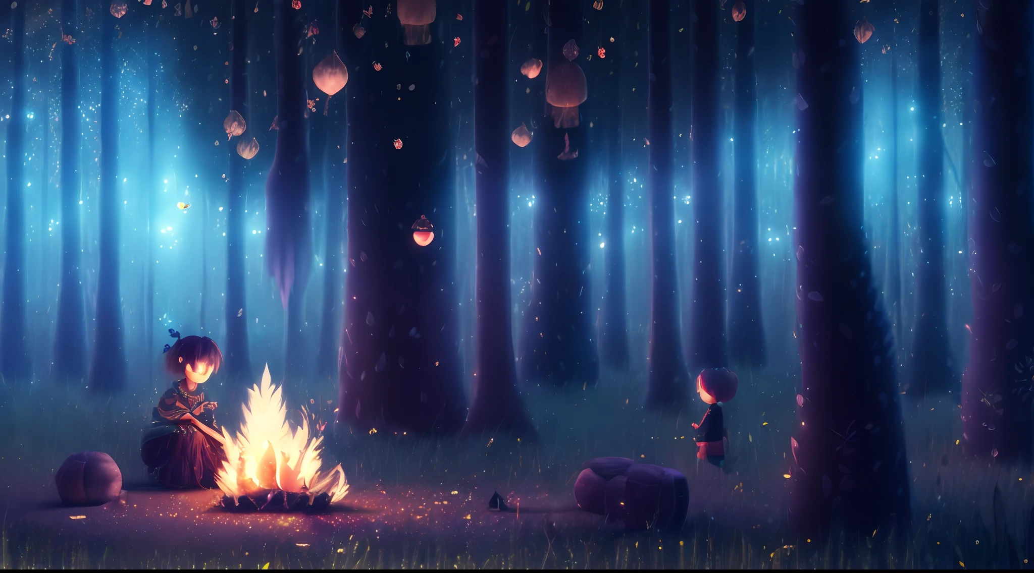 1 Girls: 1.3, Solo Exhibition, Official Art, Unity 8k Wallpapers, Super Detailed, Masterpiece, Best Quality, Fireflies, Forest, (Fireflies), Campfire: 1.3, Nights: 1.3, Trees: 1.3, Tent: 1.3, Picnic, Adventure, by Alessandro Gotado