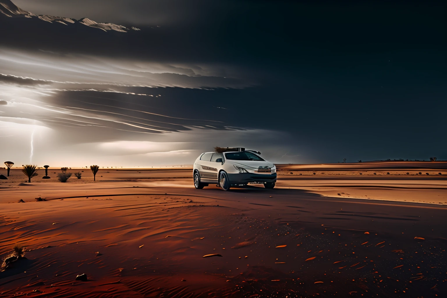 Car in the desert in a storm