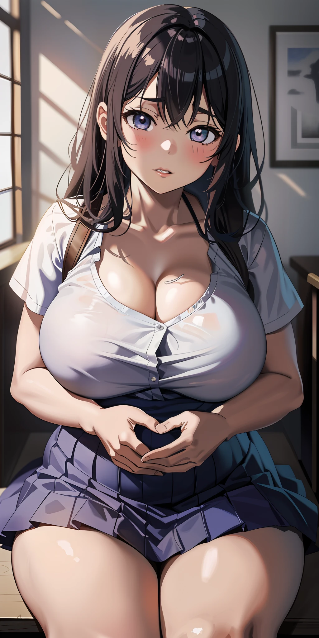 anime girl with huge breast sitting on a chair in a room, an anime drawing by Kentaro Miura, pixiv contest winner, shin hanga, a hyperrealistic schoolgirl, hyperrealistic schoolgirl, realistic schoolgirl, small curvy , seductive anime girl, [ 4 k digital art ]!!, thicc, oppai, with a large breasts