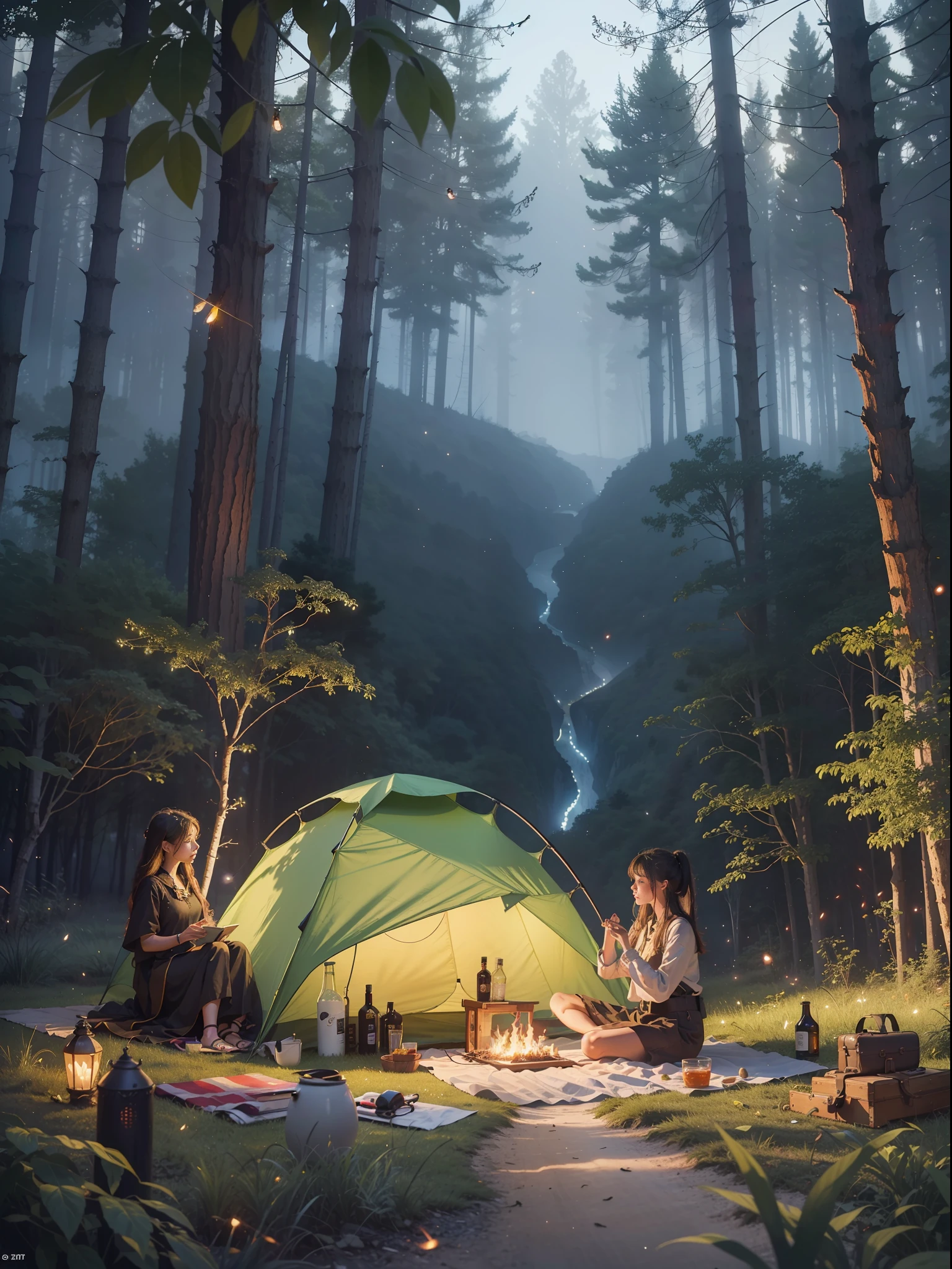 1 girl, solo exhibition, official art, Unity 8k wallpaper, super detailed, beautiful and beautiful, masterpiece, best quality, realistic, fireflies, forest (fireflies: 1.3), bonfire, dark theme, (travel lady), trees, mounts, tent, picnic, adventure