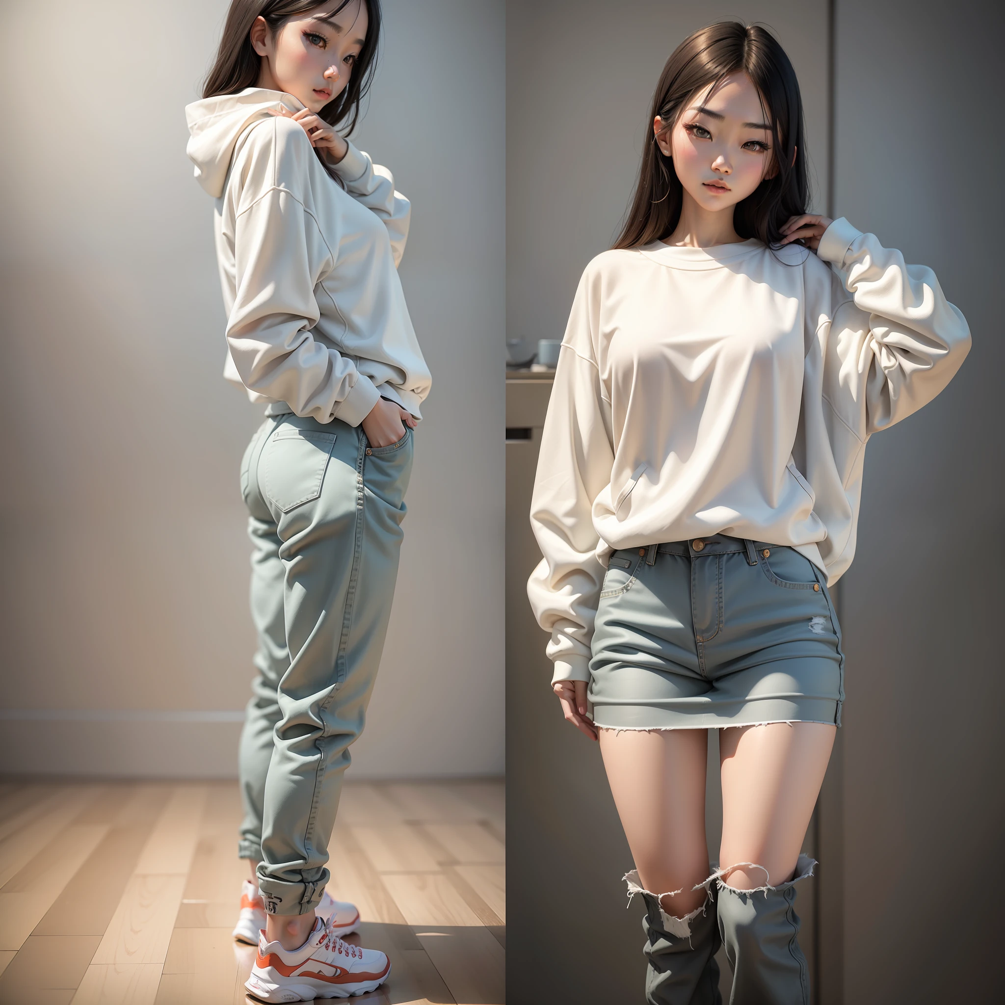 Full body photo of Chinese female model in comfortable sweatshirt standing in front of white background. Portrait photos. Using a standard lens, the Canon EOS R5 camera captures the model's entire outfit from a low angle and shows her height of 165cm