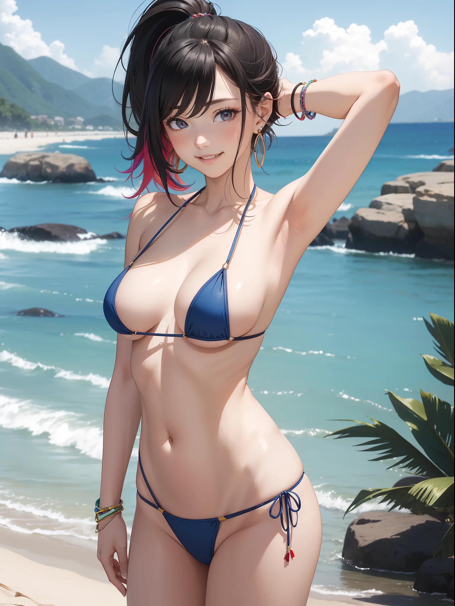 (Masterpiece: 1.5), (Best Quality: 1.5), High Resolution, High Detail, 1 Girl, Solo, Skin Highlight, Sharpen, Clear, straight hair, ponytail, multicolored hair, Jewelry, bracelet, earrings, cowboy shot, pale skin, smile, beach, micro bikini
