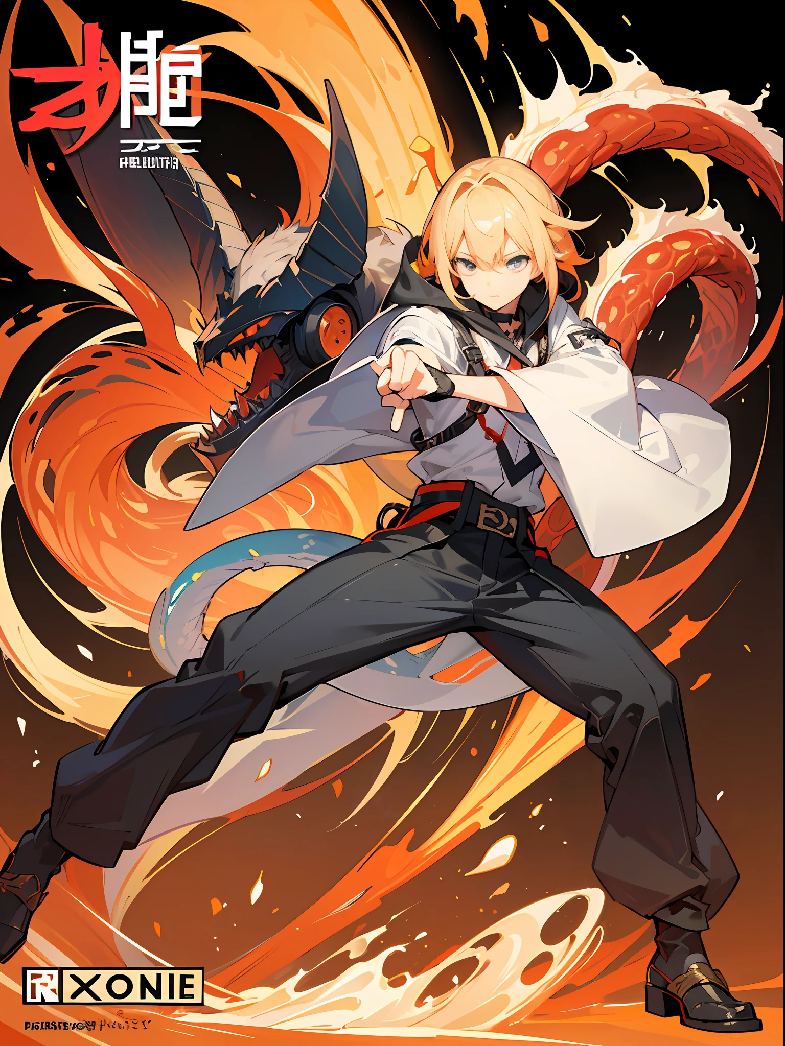 background, mixed-Japanese language_text in graffit, boys, excellent lighting, sidelighting, (), vhsKeeper,, style GUILTY GEAR -STRIVE perfect(flat color: 1.3), (magazine_cover: 1.4), (multicolored_background: 1.3), striped_background, card_background, :: comix style by joe madureira :: , perfect and detailed, ultra detailed shirt with abstract design, with Japanese letters print in graffit of the sides of the clothing, image of full-body boys fighting next to you with dragons powerful versus tentacle-filled alien creature, with immersive effects, hover effect, tribal tattoo graffiti style background with vibrant colors "ultra HDR" detailed and with focus effect, (masterpiece: 1.2, best quality), (finely detailed beautiful eyes: 1.2), , ((Solo)), (Finely detailed eyes and detailed face: 1.3), in various full-body attack poses, (beautiful background: 1.2), futuristic costume, super detailed circular metals Clinging to the arms and pants, fantastic paintings