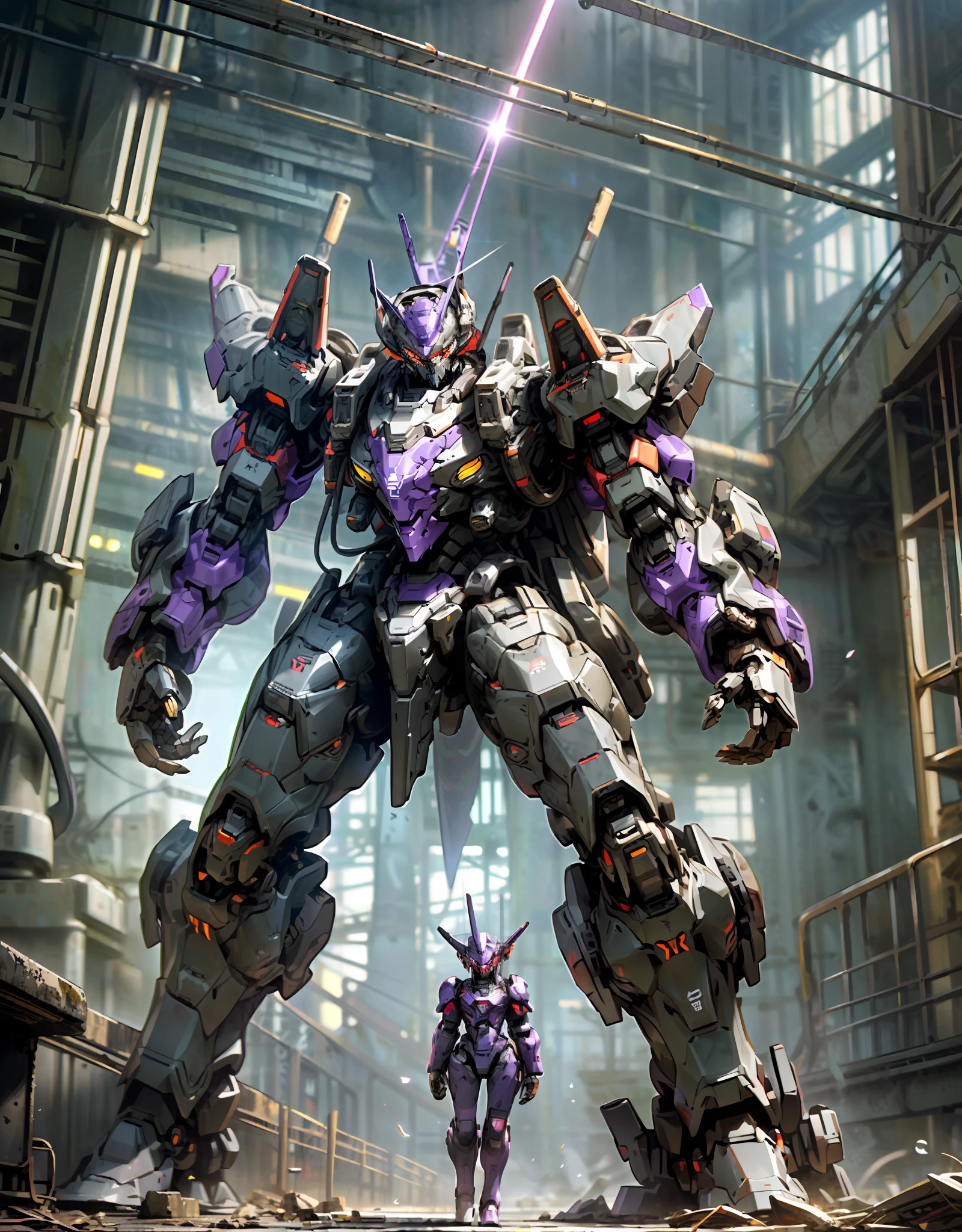 ((High graphics)), 1 droid tank, solo, one big red eye, dark purple Decepticon droid, standing, (massive well-protected mecha armor), intricate glowing mecha armor, full-body mecha suit, mecha suit, full-body mecha robot, mech body, cyber mech, mecha armor, smooth purple armor, ruined city