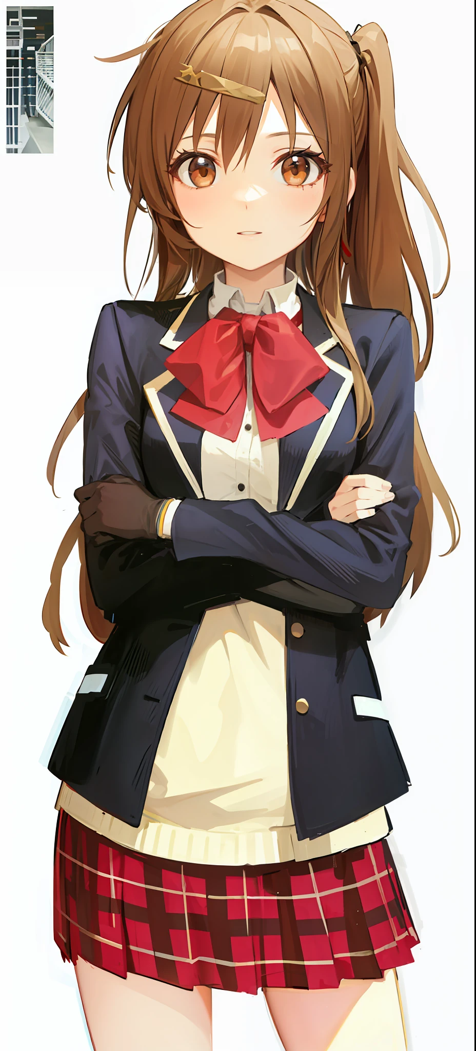 high resolution, masterpiece, Shinka Nibutani, brown hair, solo, 1girl, exterior, cut-out background, detailed eyes, ((brown eyes))