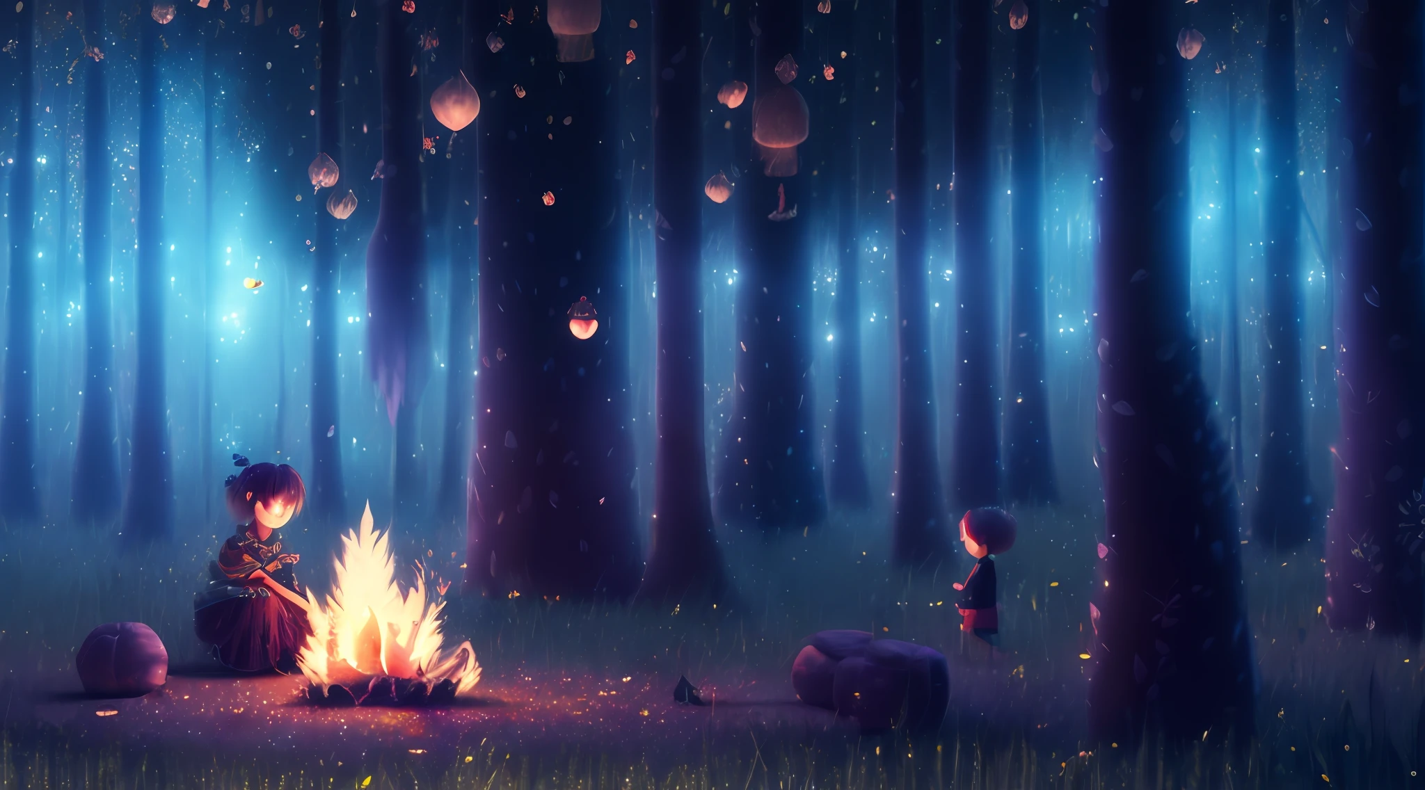 Mom & Boy: 1.3, Forest, (Fireflies), Campfire: 1.3, Night: 1.3, Trees: 1.3, Tent: 1.3, Glowing Low-hanging Fruit, Enchanted Forest, Stones for Stools, Adventures, Solo Exhibitions, Official Art, Unity 8k Wallpapers, Super Detailed, Masterpiece, Best Quality, by Alessandro Gotado