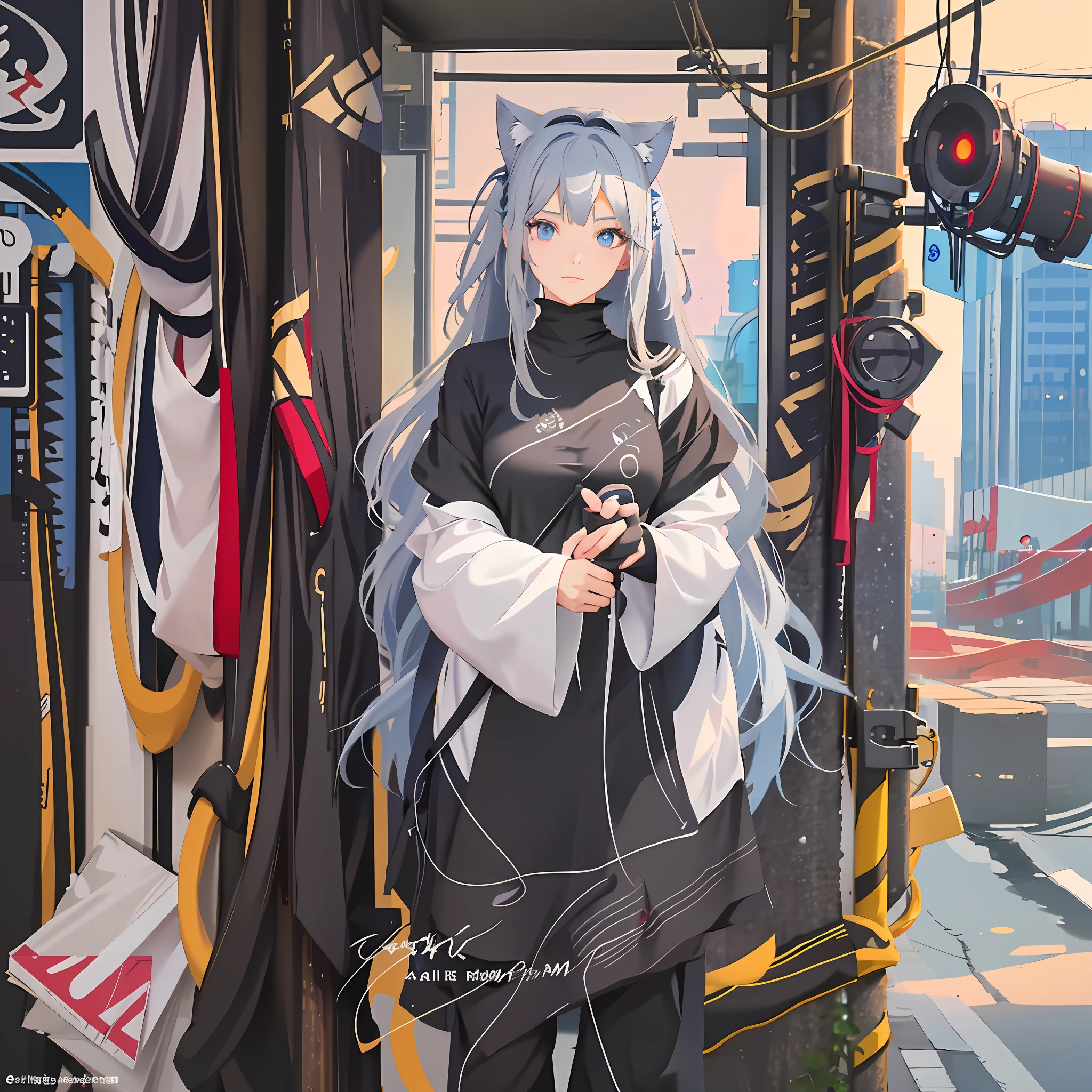 anime girl with long gray hair and blue eyes wearing a black outfit, detailed digital anime art, anime girl with cat ears, guweiz on artstation pixiv, guweiz on pixiv artstation, detailed portrait of anime girl, artwork in the style of guweiz, detailed anime character art, ayaka genshin impact, guweiz