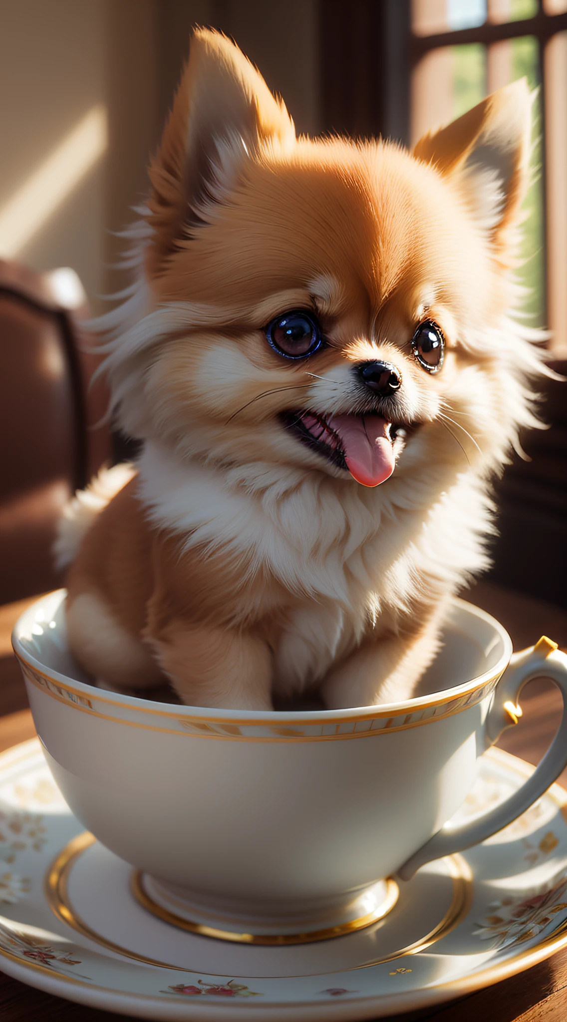 Pomeranian, (((Small)))), in a teacup, Face out, Tongue out, Front paws out, 8k, Professional photo, delicate, clear, on the table, in the house, sunshine, light ????, masterpiece, ((((Pretty))), Fashionable Teacup, (Reality))))