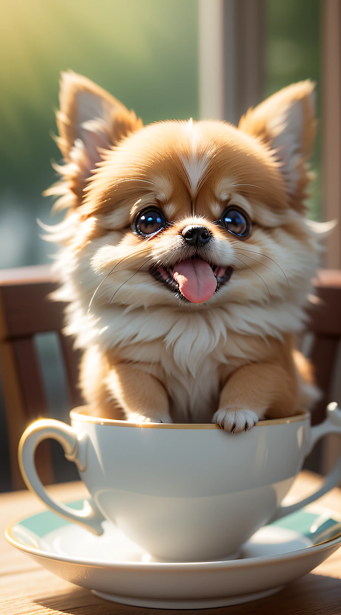 Pomeranian, (((Small)))), in a teacup, Face out, Tongue out, Front paws out, 8k, Professional photo, delicate, clear, on the table, in the house, sunshine, light leak, masterpiece, ((((Pretty))), Fashionable Teacup, (Reality))))