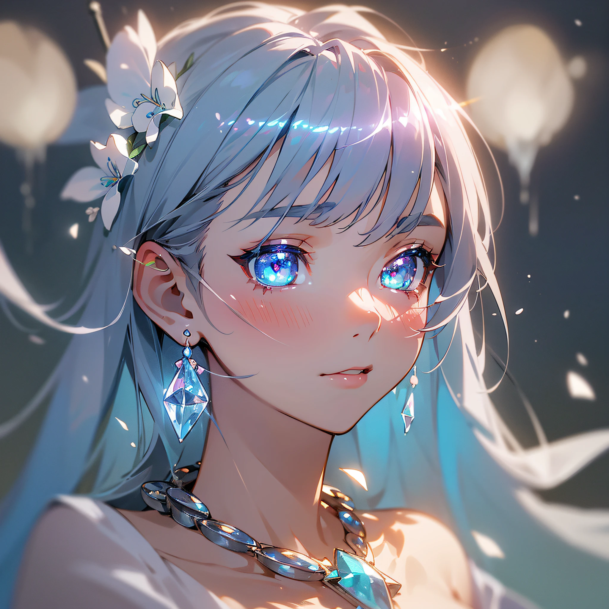 masterpiece, best quality, illustration, sax blue, platinum earrings, platinum necklace, white dress, 1girl, cute, (dynamic lighting:1.2), cinematic lighting, delicate facial features, detailed eyes, sharp pupils, realistic pupils, depth of field, bokeh, sharp focus, (hyper-detailed, bloom, glow:1.4), many small gems --auto --s2
