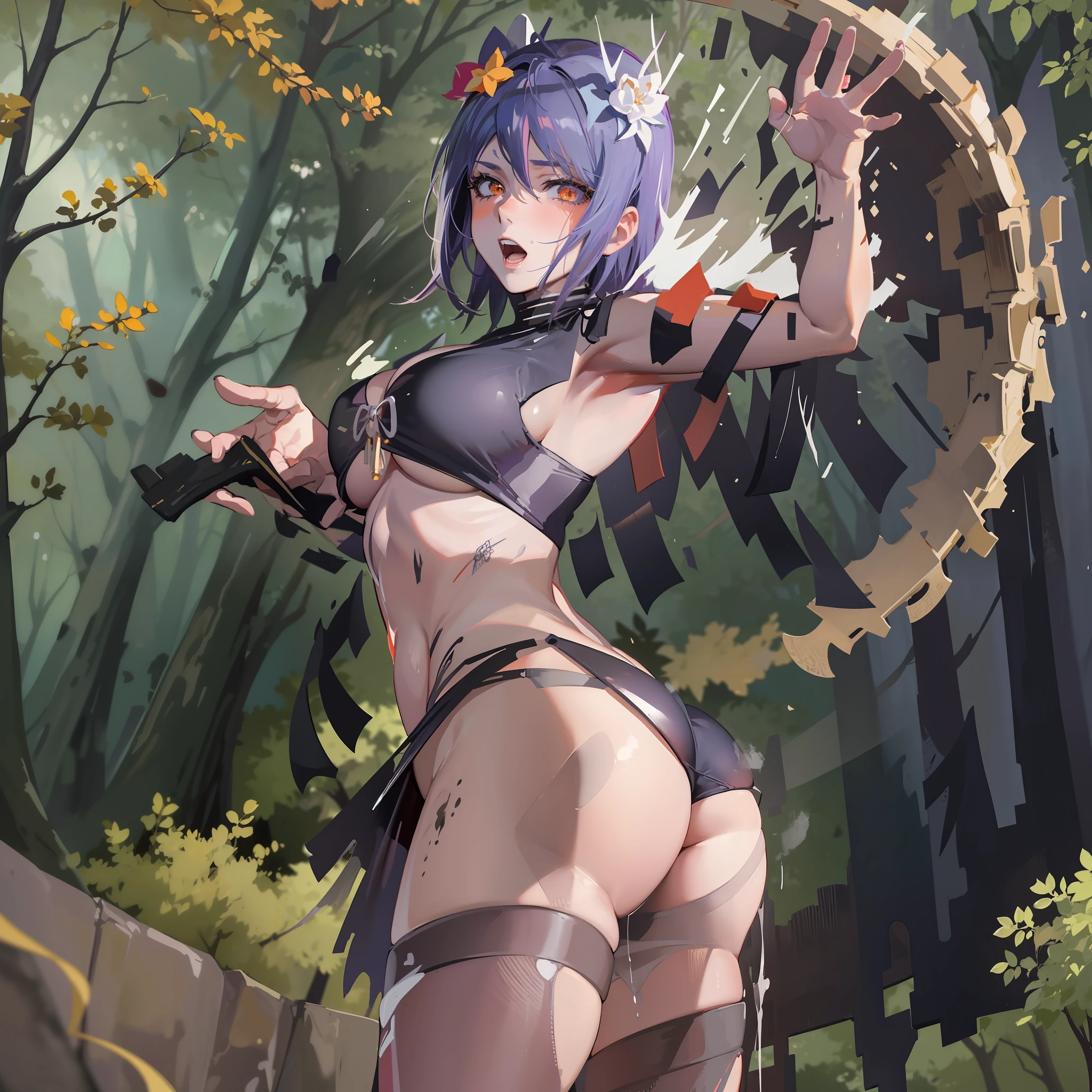 best quality, masterpiece, highly detailed, more realistic, high definition, konan naruto, orange eyes,akatsuki bikini,mature star, realistic breasts, beautiful body, akatsuki bikini big breasts, big ass, short purple hair, woman dancing in the forest, forest in ancient russia, night, white lingerie, historical site, old dress, seduction, make an erotic face, make an erotic face, moonless night,  moonless night, blood moon, too little light, too dark, too dark, no light, fog