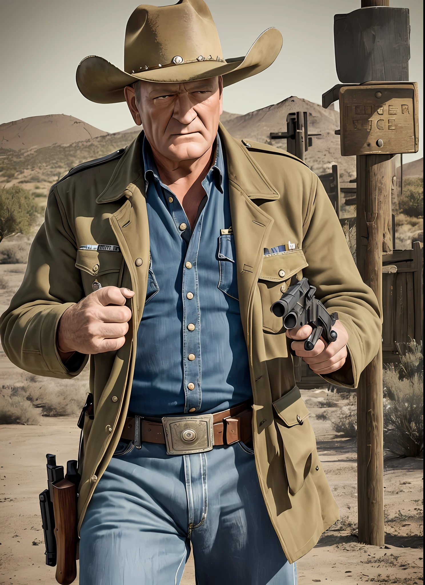 super realistic, 8k, masterpiece, high definition, cinematic, 1950s western, movie poster, old man with a handgun on his hip, sheriff, stubble, sheriff also batch, john wayne, rifle holding, confronting thugs, pistol in waist holster, (title), impressive lighting, 3d rendering, western street corner