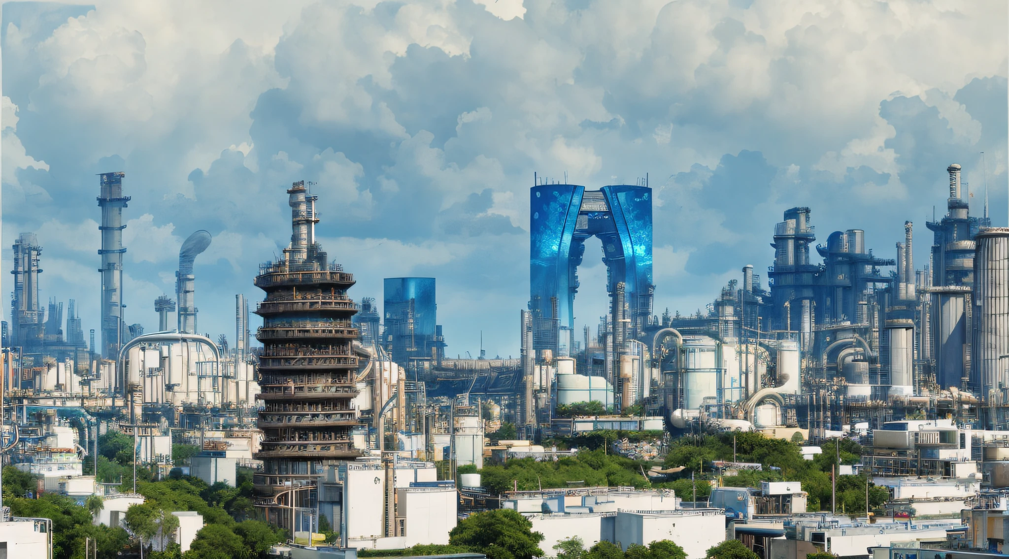 sci-fi cyberpunk city, building street, reactor, breeder, refinery, car, bridge, sunny day, exotic architecture, masterpiece, best quality, high design, surreal