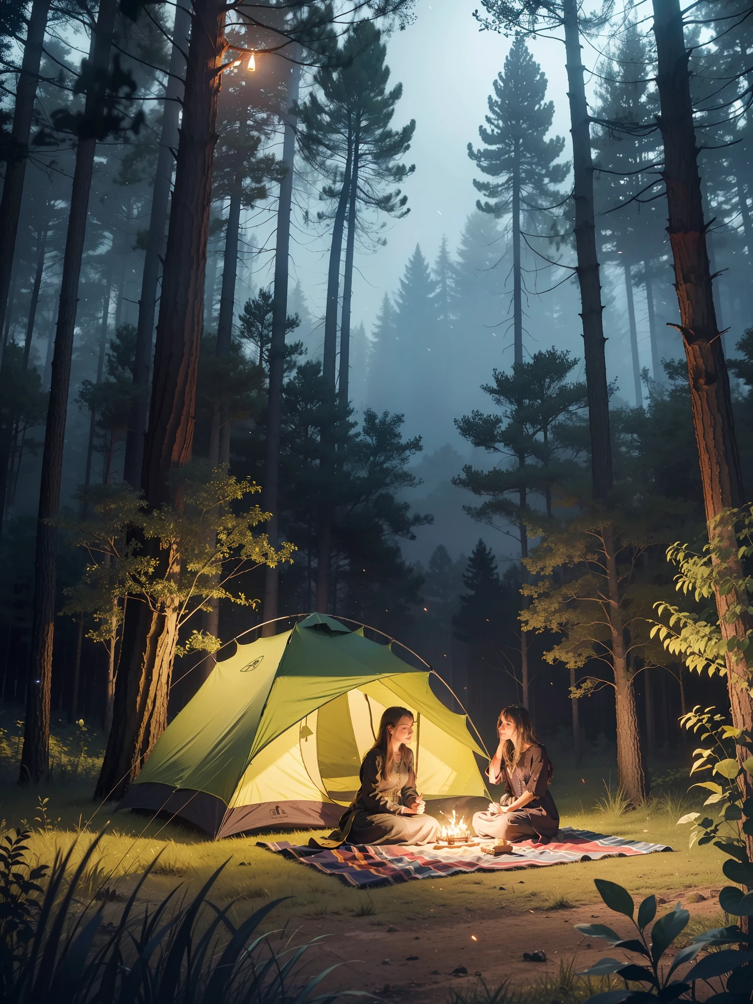 Night Falls 2, Dark Night: 2, 2 Girls, Fireflies, Forest (Fireflies: 1.3), Bonfire, (Travel Lady), Trees, Mounts, Tent, Picnic, Adventure, Solo Exhibition, Official Art, Unity 8k wallpaper, super detailed, beautiful and beautiful, masterpiece, best quality, realistic,