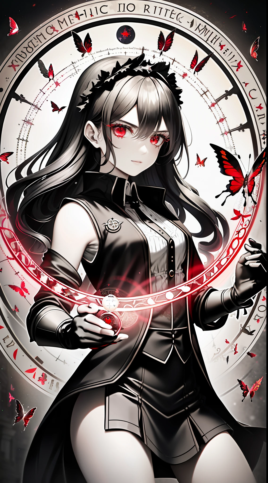 masterpiece, (best quality:1.1), (1girl), solo, cowboy shot, (finely detailed eyes and detailed face:1.3), (illustration:1.1), field of depth, (extremely fine and beautiful:1.1), (black trench coat + beautiful detailed black vest + white shirt:1.1 + black tie + black skirt + black flower on head + black gloves), (white_hair + medium_hair + wavy_hair), (red eyes:1.1),small_medium breasts, eyelashes, , pale skin, evil smile, beautiful detailed fallen small city + detailed ruin, many object, beautiful and clear background:1.2, renegade, evil, ((Red butterflies flying|around the character:1.3 + red light particles:1.15), ((perfect magic circle:1.3)), many object