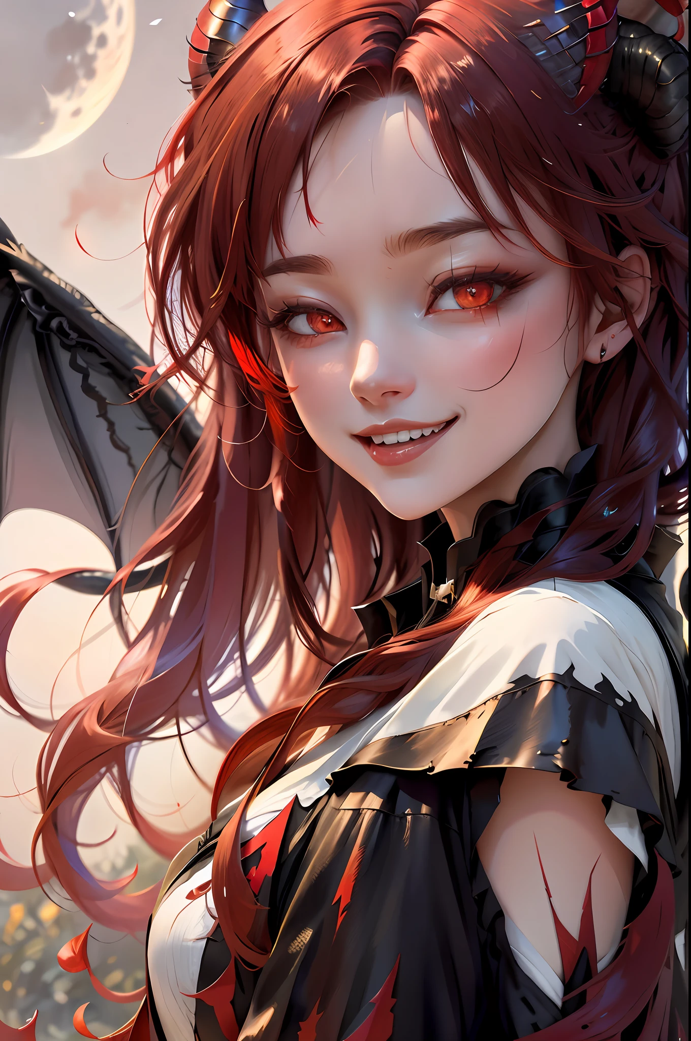 devil, red hair, high laughter, moon, wind, night, beauty, demon wings, red eyes, two horns, moonlit night, other world,