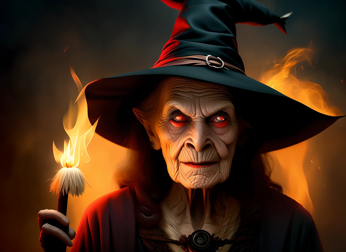 an elderly witch, scary monster face, all wrinkled, with a scar on her face, witch's hat, holding a witch's broom, staring at the camera, with a smoky gaze, flames coming out of her eyes, black and red background, cinema lighting, super detailed