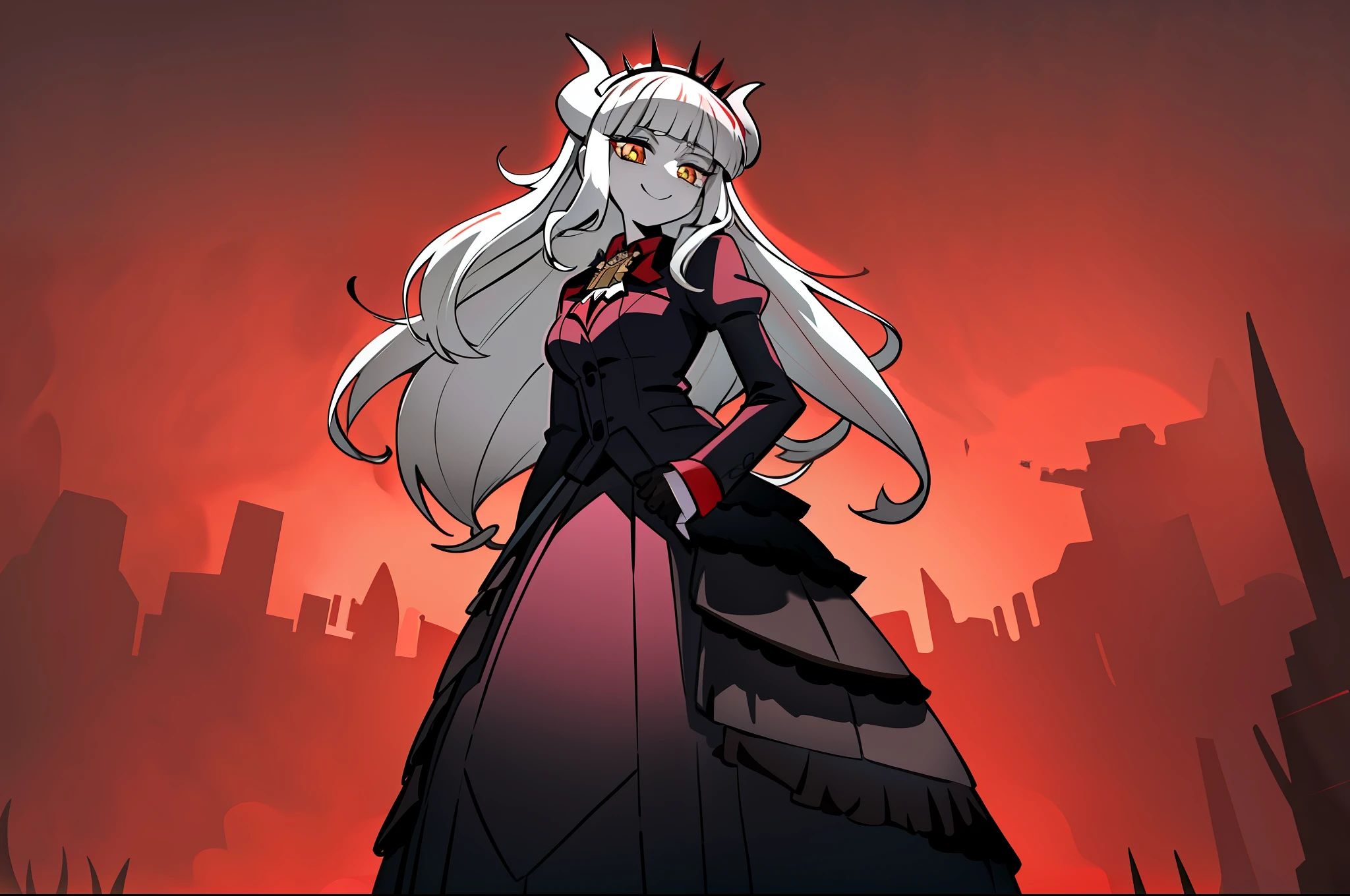masterpiece, best quality, a beautiful and detailed portrait of Celestia Ludenburg, standing, clothed,(smile),outside,dead trees, dark clouds,official artstyle with official art,hellish and red background, red sky,overcast,posing