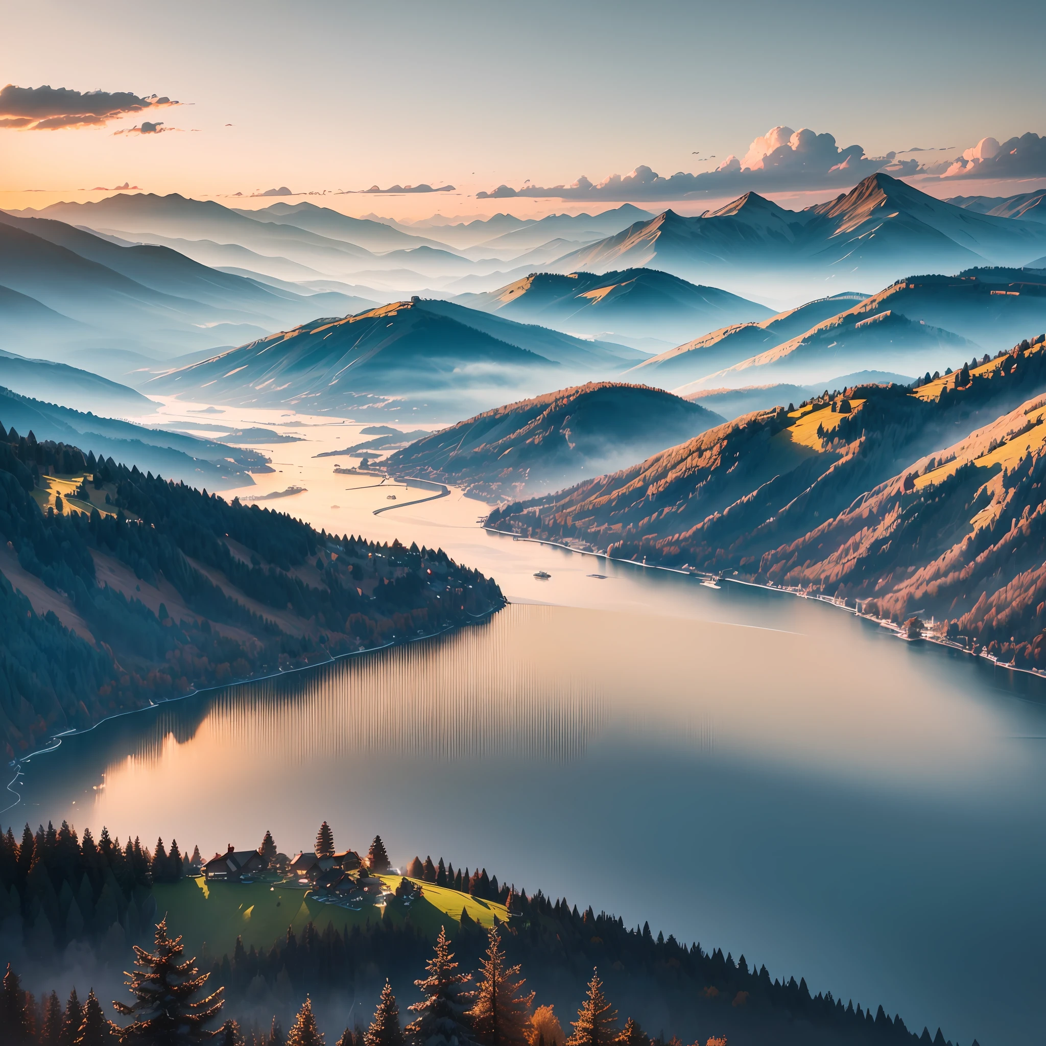 A large area of sky with great depth, a large area of scaly clouds, a touch of golden sunset, Switzerland, backlight, strong golden light rays that penetrate the clouds at the bottom of the mountain, strong piercing light, lofty mountains, Swiss towns at the bottom of the mountains, water
Channel, translucent, hilltop shooting perspective --auto --s2