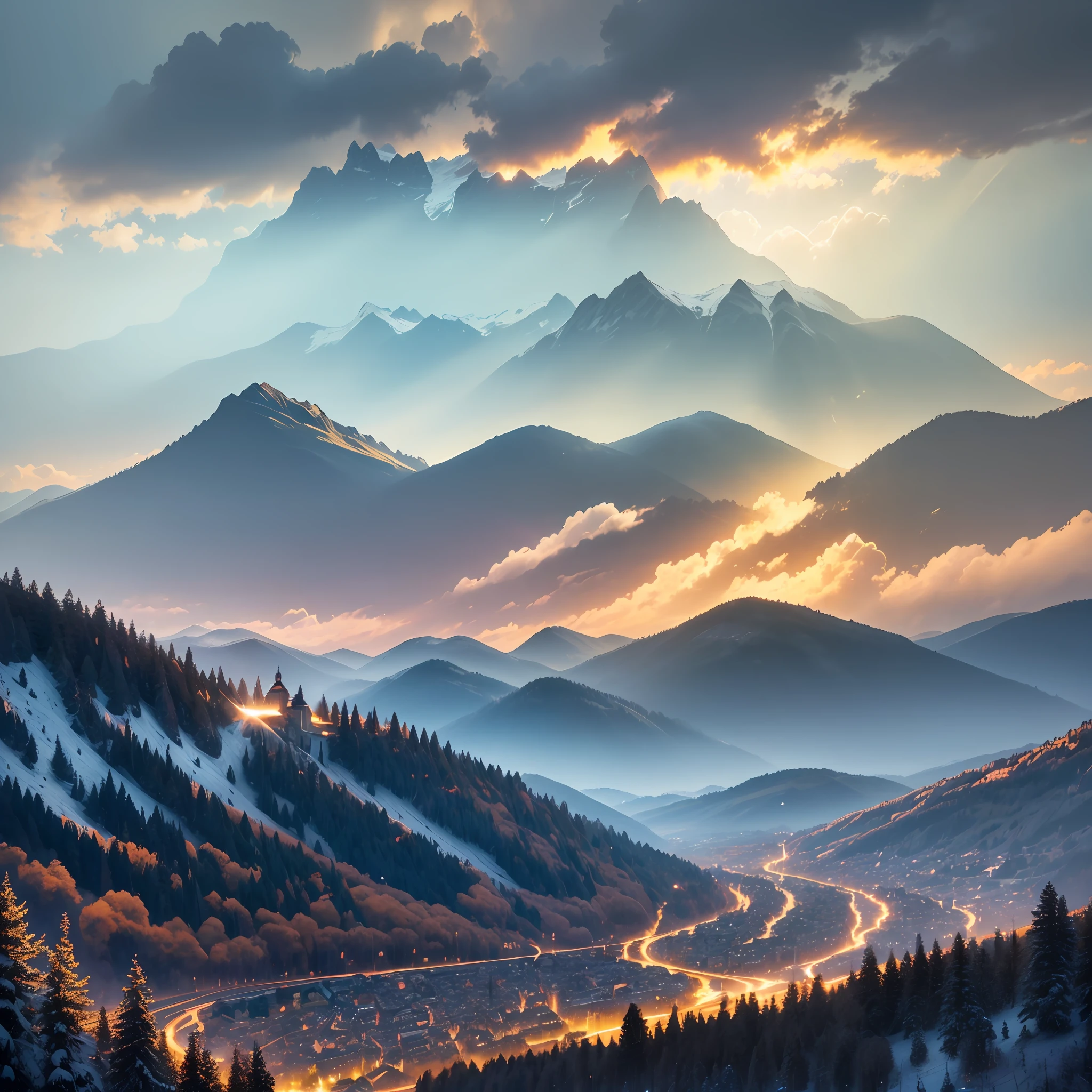 A large area of sky with great depth, a large area of scaly clouds, a touch of golden sunset, Switzerland, backlight, strong golden light rays that penetrate the clouds at the bottom of the mountain, strong piercing light, lofty mountains, Swiss towns at the bottom of the mountains, water
Channel, translucent, hilltop shooting perspective --auto --s2