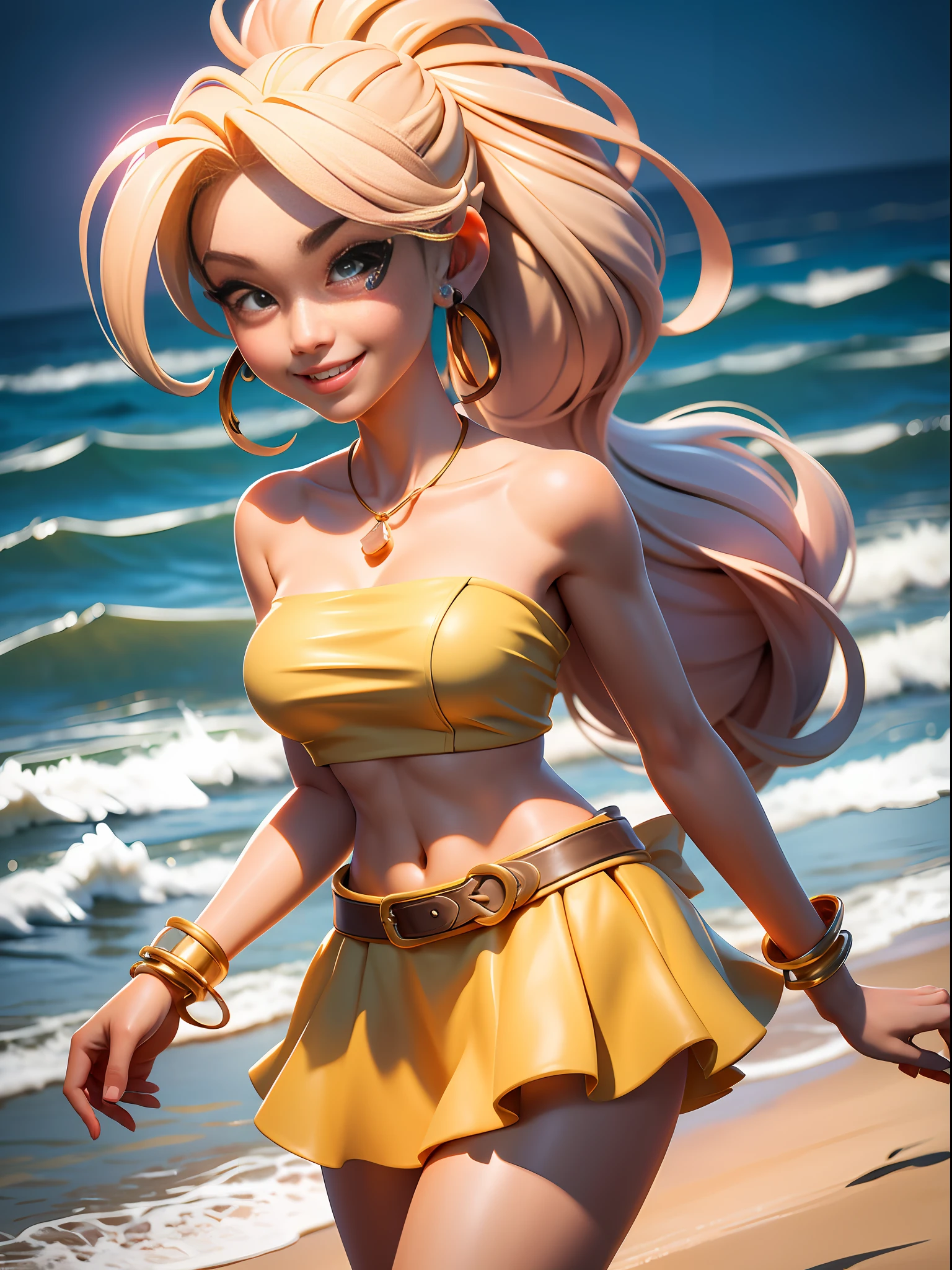 (Masterpiece: 1.5), (Best Quality: 1.5), High Resolution, High Detail, 3DXR, 3DMM,1 Girl, Solo, Skin Highlight, Sharpen, Clear, straight hair, ponytail, two-tone hair, Jewelry, strapless ruffled bikini, micro skirt, gold Bracelet, earrings, cowboy shot, pale skin, smile, beach