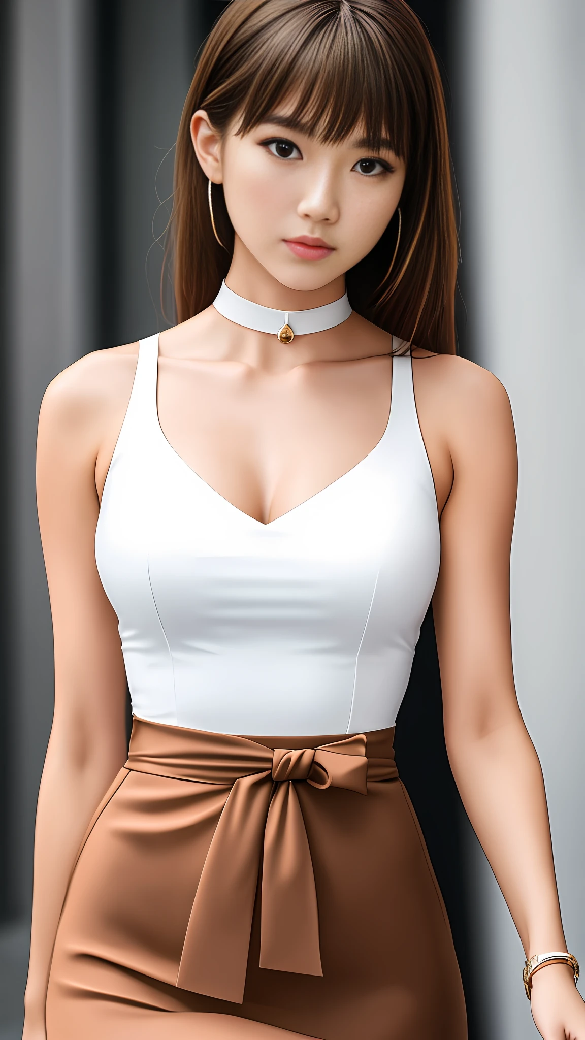 1 girl, solo, most beautiful artwork photo in the world, complex, high detail, sharp focus, dramatic, {{{very short totso}}}, very short torso, very long legs, {{{{very large breasts}}, thin waist, small buttocks, {{{{cleavage}}}, collarbone, white skin, light brown hair, look at the viewer, expressionless, waistshot, 25 years old, sleeveless、{{{white tube micro mini dress}}}、{{{Notched lapel collar}}}、white choker on neck