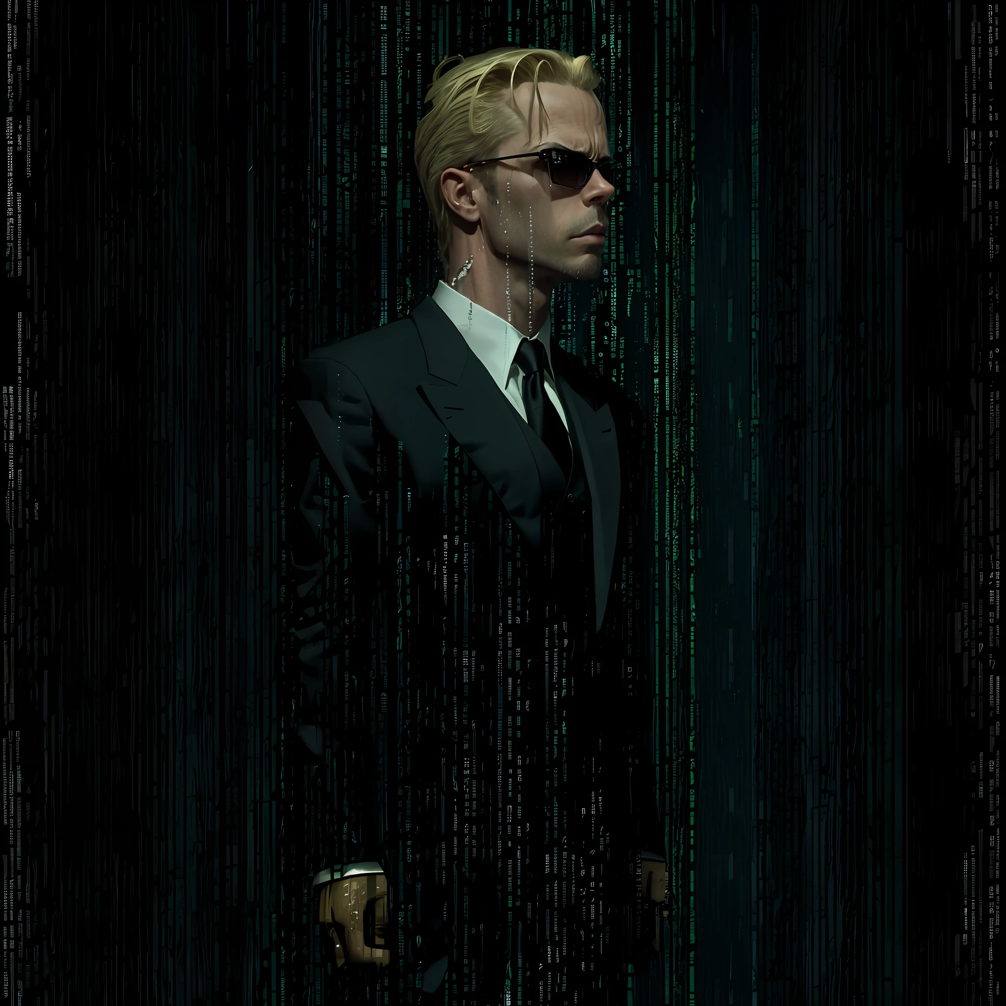 evil looking blond GUY PEARCE face, blond GUY PEARCE in a suit with square sunglasses close up, blond GUY PEARCE in a suit angry, blond GUY PEARCE in a suit with squared sunglasses, square sunglasses