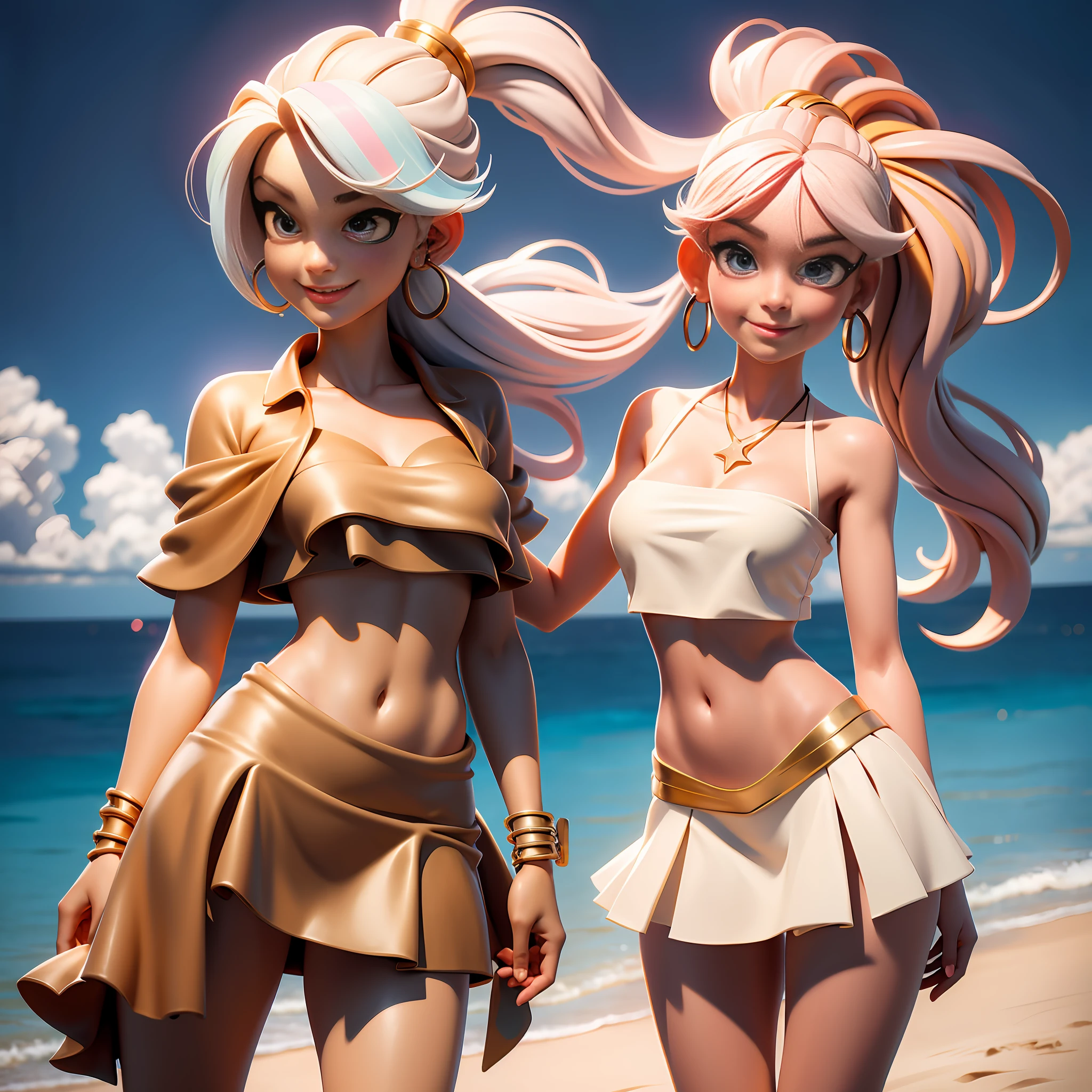 (Masterpiece: 1.5), (Best Quality: 1.5), High Resolution, High Detail, 3DXR, 3DMM,1 Girl, Solo, Skin Highlight, Sharpen, Clear, straight hair, ponytail, two-tone hair, Jewelry, strapless ruffled bikini, micro skirt, gold Bracelet, earrings, cowboy shot, pale skin, smile, beach