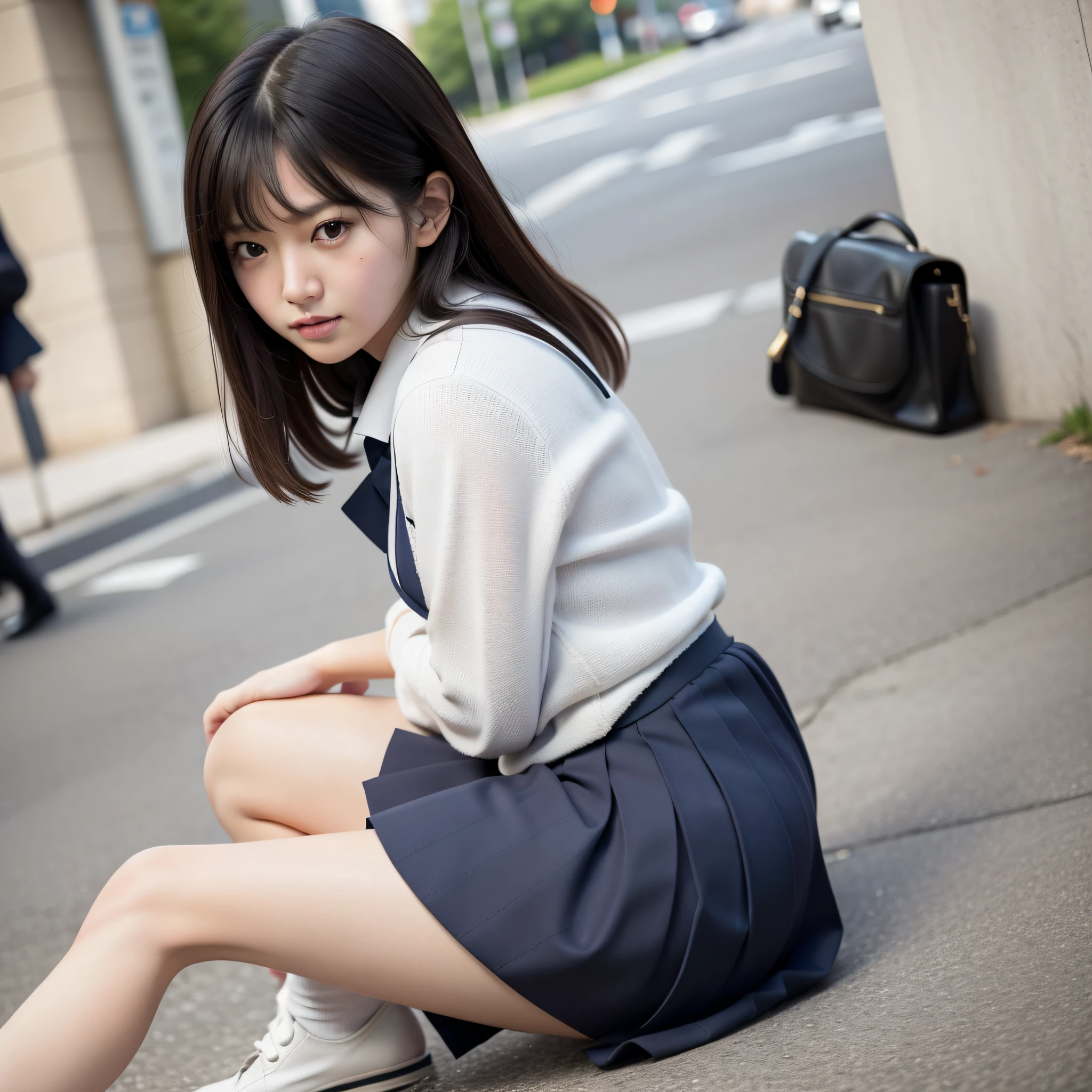 Move the center of gravity back, put your hands forward from both feet, put both feet in the hand circle, quite embarrassing, panties, thin legs, tight skirt, 90 degree knees, heels on the ground, hands in front of feet, hug feet, kneeling, sidewalk, RAW photos, 8K, highest quality, Ultra high resolution, beautiful face to detail, realistic human skin, gentle expression, front view, angle from below, long hair, realistic, photorealistic, cute, short skirt, crouching deep in the city, cute schoolgirl, Japan schoolgirl wearing uniform, surreal schoolgirl, full body, empty-handed