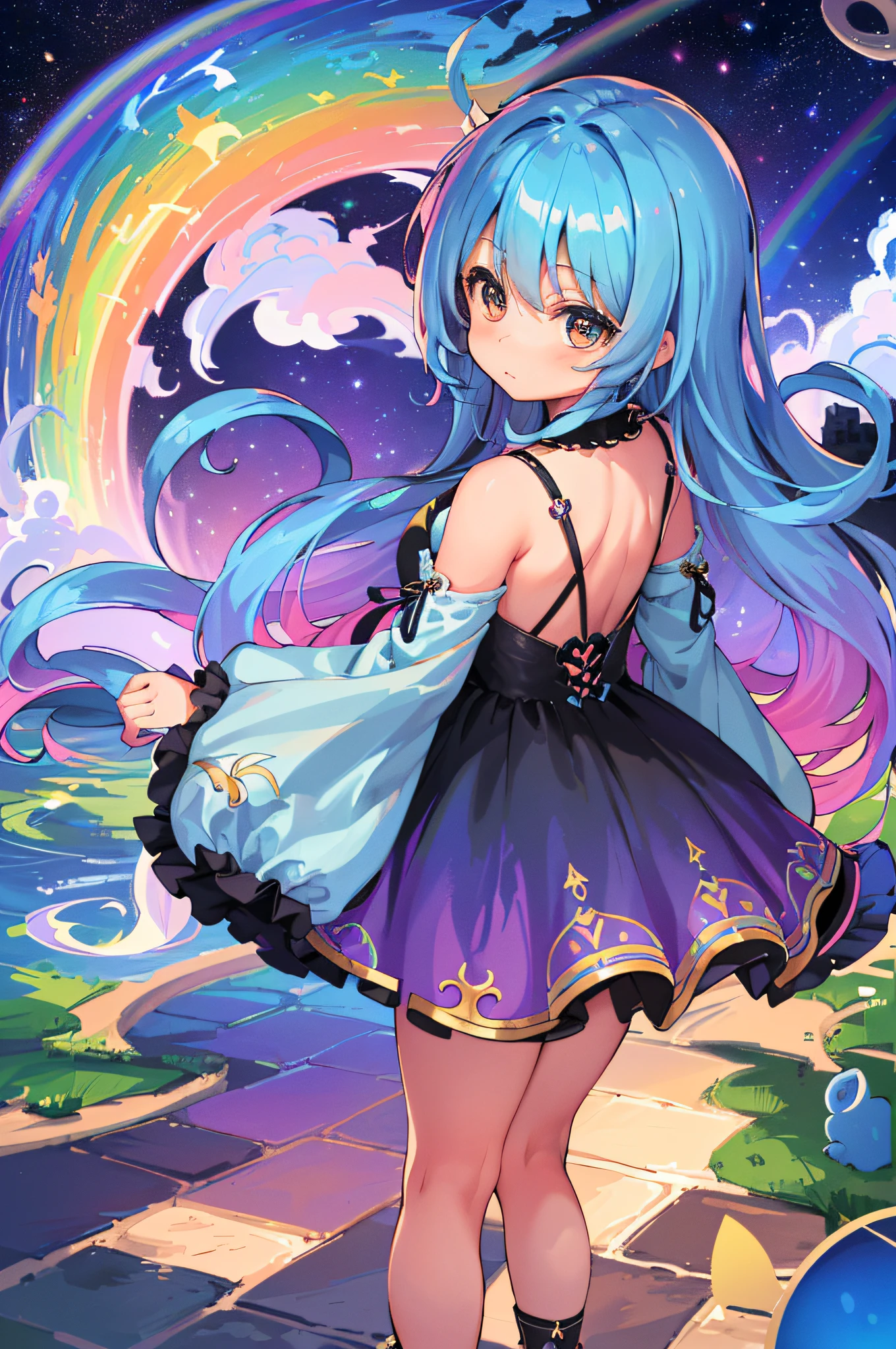 (cute, beautiful, mesmerizing),(insane details, extremely detailed),(a chibi from Sky children of the light) (illusion, colorful, puzzle, infinite view) from the back, (???, long kids frock),(camera exactly from the back) (really long, dynamic, twirled, colorful, rainbow, hair)