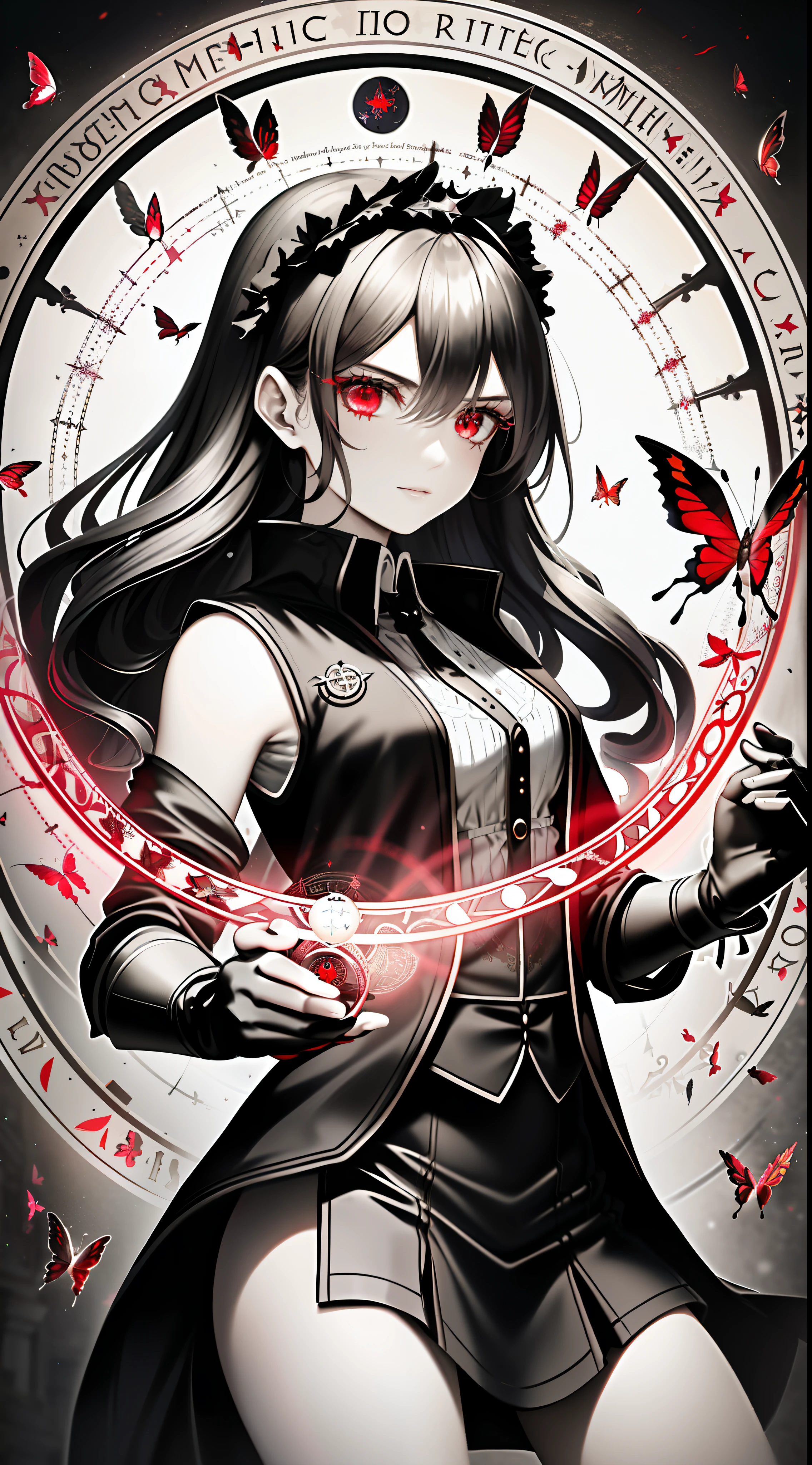 masterpiece, (best quality:1.1), (1girl), solo, cowboy shot, (finely detailed eyes and detailed face:1.3), (illustration:1.1), field of depth, (extremely fine and beautiful:1.1), (black trench coat + beautiful detailed black vest + white shirt:1.1 + black tie + black skirt + black flower on head + black gloves), (white_hair + medium_hair + wavy_hair), (red eyes:1.1),small_medium breasts, eyelashes, , pale skin, evil smile, beautiful detailed fallen small city + detailed ruin, many object, beautiful and clear background:1.2, renegade, evil, ((Red butterflies flying|around the character:1.3 + red light particles:1.15), ((perfect magic circle:1.3)), many object