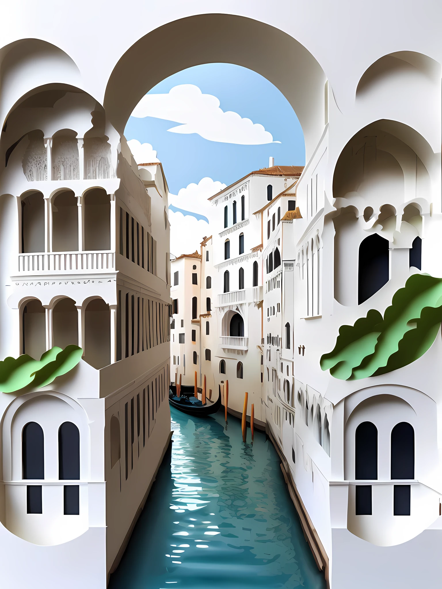 Italian Venice architecture, water city, street view, front view layer, 3D paper cutting, simple composition, white background, 3D stereoscopic, HD rendering.