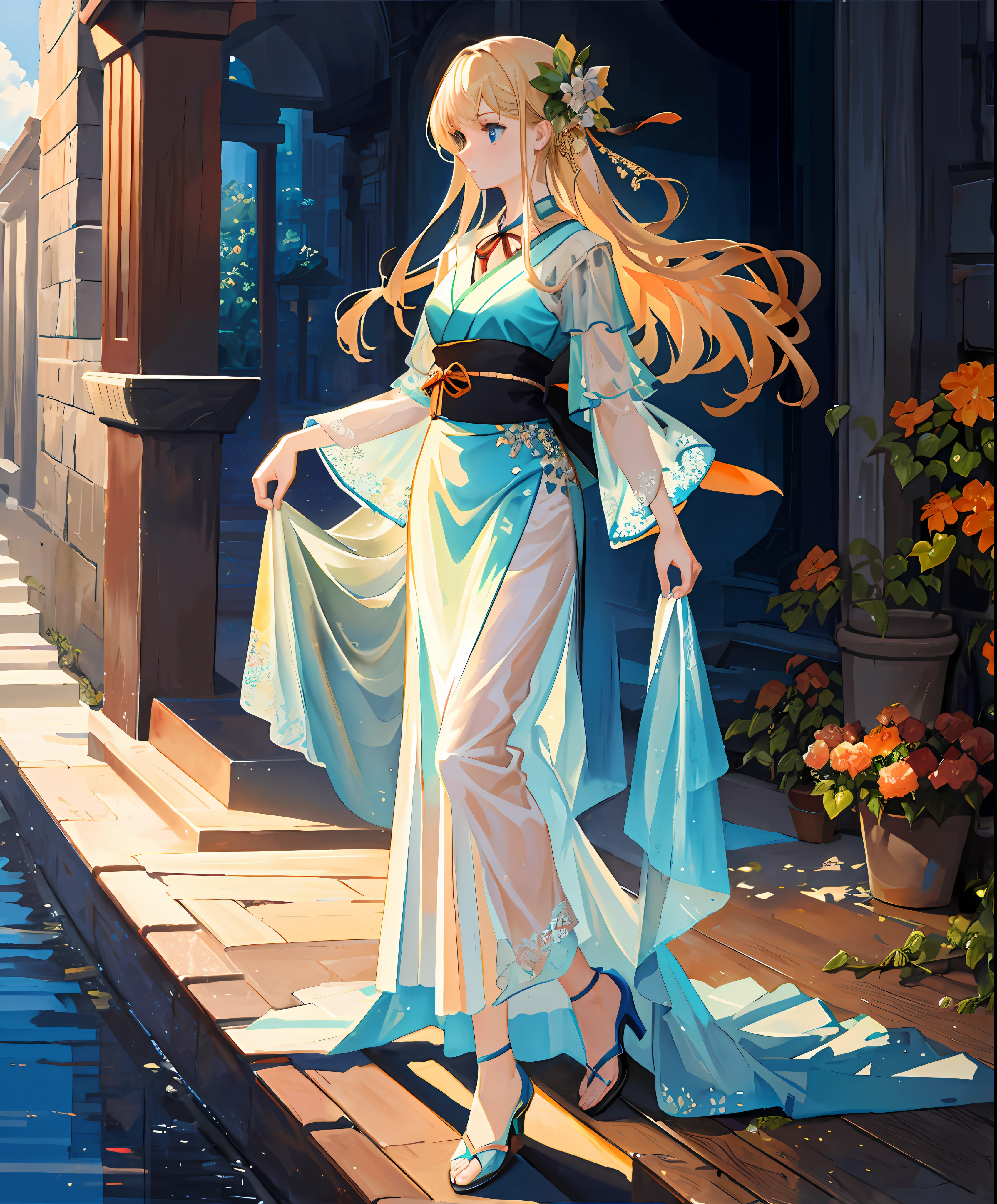 (masterpiece),Top Quality,Very Detailed CG,Very Delicate and Beautiful,(1 Woman), Blue Eyes, (Long Hair:1.2+Blonde:1.3+Red:1.2+Orange+Green), White Shirt,Transparent Background,(See-through:1.3),Profile Promenade,High Heels,Watching Viewer,Light and Shadow Perfect,Kimono,Neck Ribbon,AI Style Transfer watercolor style filter
